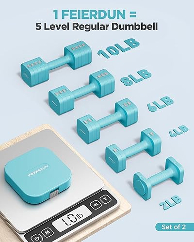 Miniatura 2 de FEIERDUN Juego de 2 mancuernas ajustables 5 en 1, pesas de mano de 20 libras10 libras para mujer, juego de mancuernas de doble estabilidad de ajuste
