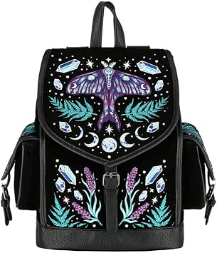 Restyle Enchanted Forest Backpack Magic Gem Velvet Goth Witch Moth Embroidery, Black