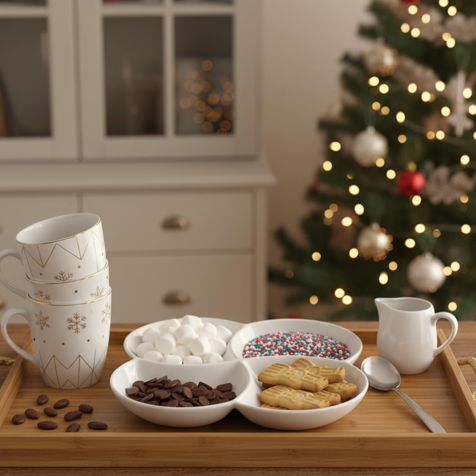ZENFUN Lot de 3 plateaux en porcelaine avec 4 compartiments, en forme de fleur pour bonbons, noix et légumes, fruits, dessert, 21,6 x 21,6 cm, blanc