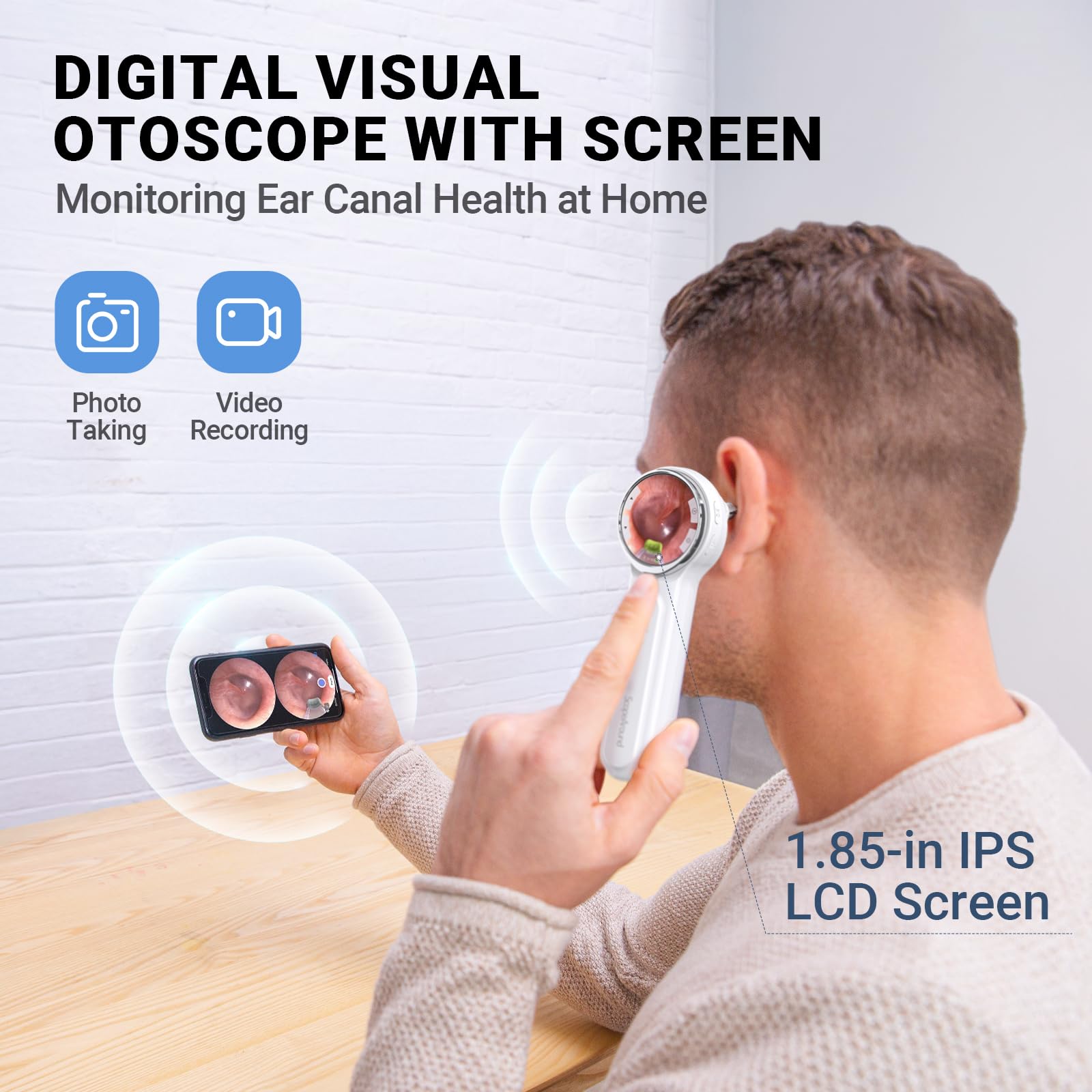 ScopeAround Otoscopio, juego de alcance auditivo 720PHD, otoscopio digital con pantalla IPS de 1.85 pulgadas, cámara de herramienta de eliminación de cera de oído, cámara de video otoscopio con 6