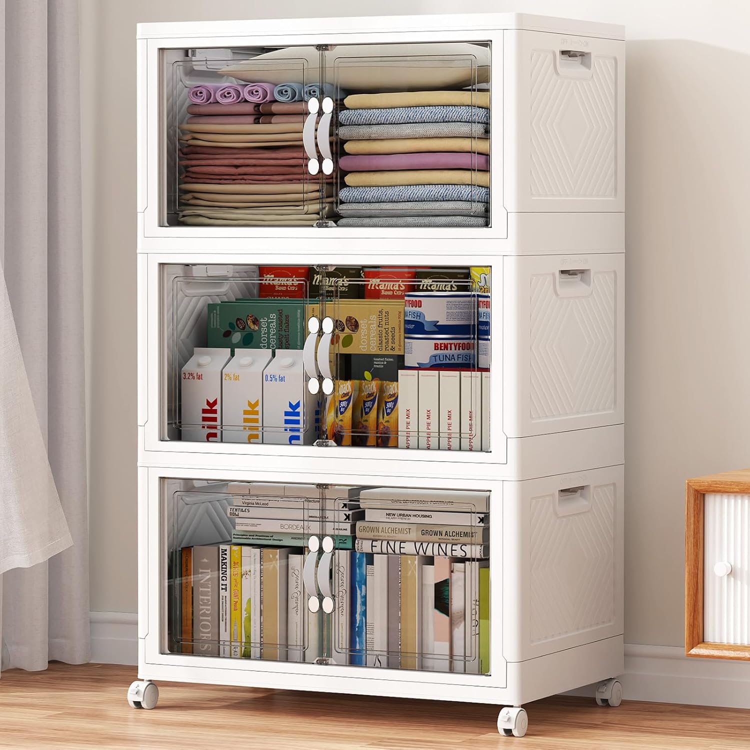 V20 100QT Stackable Storage Bins with Lid, 25Gal Plastic Box, Collapsible Containers with Wheels, Foldable Cabinets with Doors, Closet Organizer, 3Pack White V20 100QT Stackable Storage Bins with Lid, 25Gal Plastic Box, Collapsible Containers with Wheels, Foldable Cabinets with Doors, Closet Organizer, 3Pack White