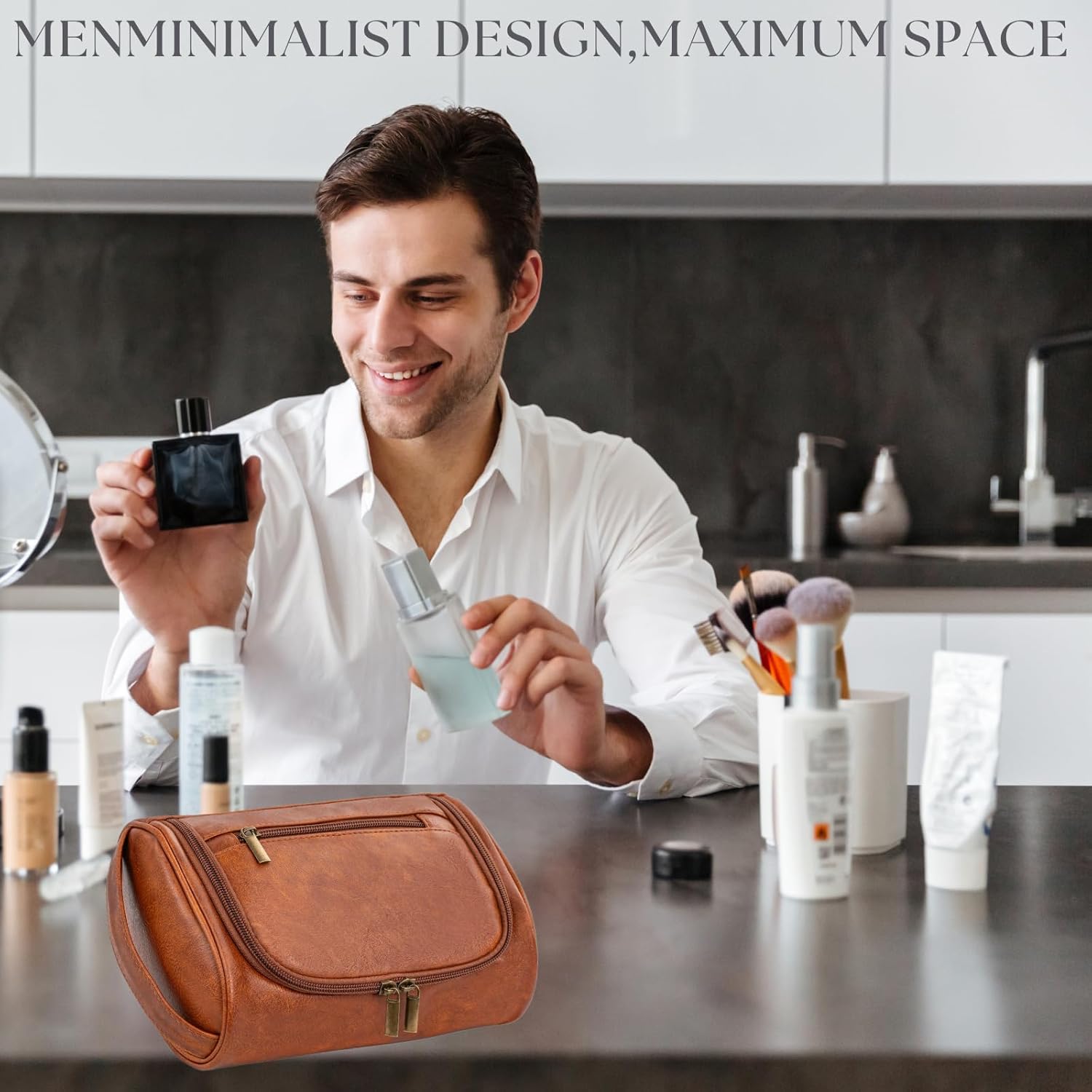 Mens Slim Toiletry Bag, Minimalist PU Leather Dopp Kit for Men, Compact Shaving Kit Organizer, Small Water-Resistant Travel Bag for Grooming Essentials Only,Brown - Image 5