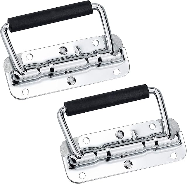 HENTEK 2 Pcs Box Handle Spring Folding Handle Chest Handle Flight Case Handle Stainless Steel Folding Handle Spring 4 Holes 11 x 4,1 cm Silver