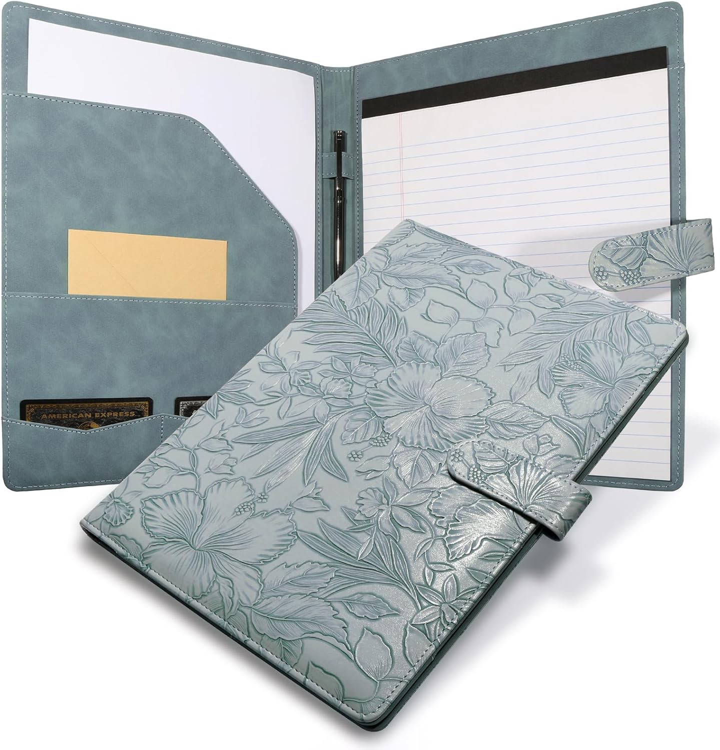 Professional Padfolio Portfolio Binder, Textured Embossing Faux Leather Folder Organizer for Letter Size Legal Pad Notepad Resume, Card Holder for Women Men Business Office Conference (Blue)