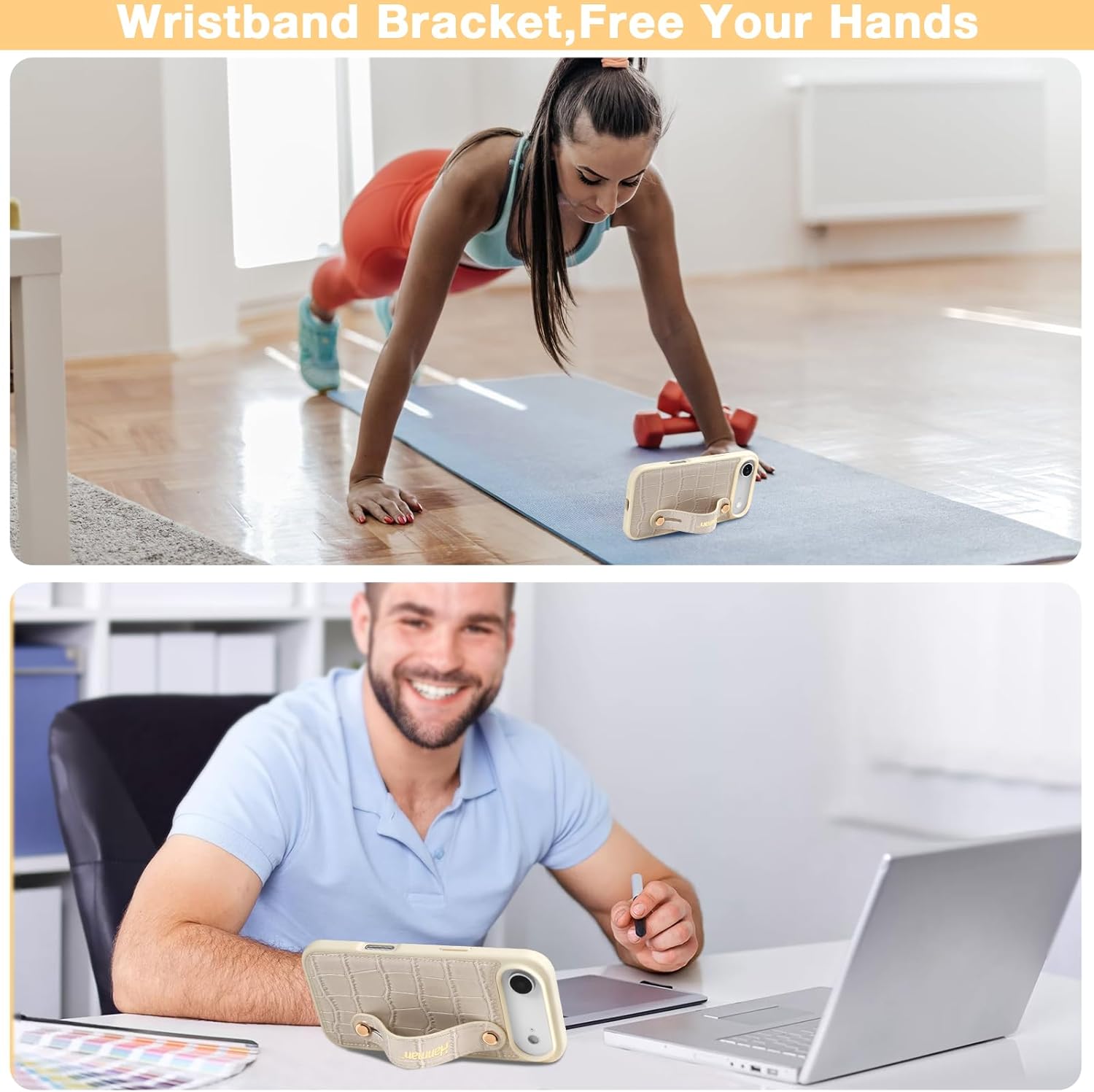 Hanman for iPhone 17 Air Leather Case with Adjustable Wristband Strap Kickstand,Hand Strap Leather Case for iPhone 17 Air,Crocodile Pattern HandStrap Kickstand Cover-Beige