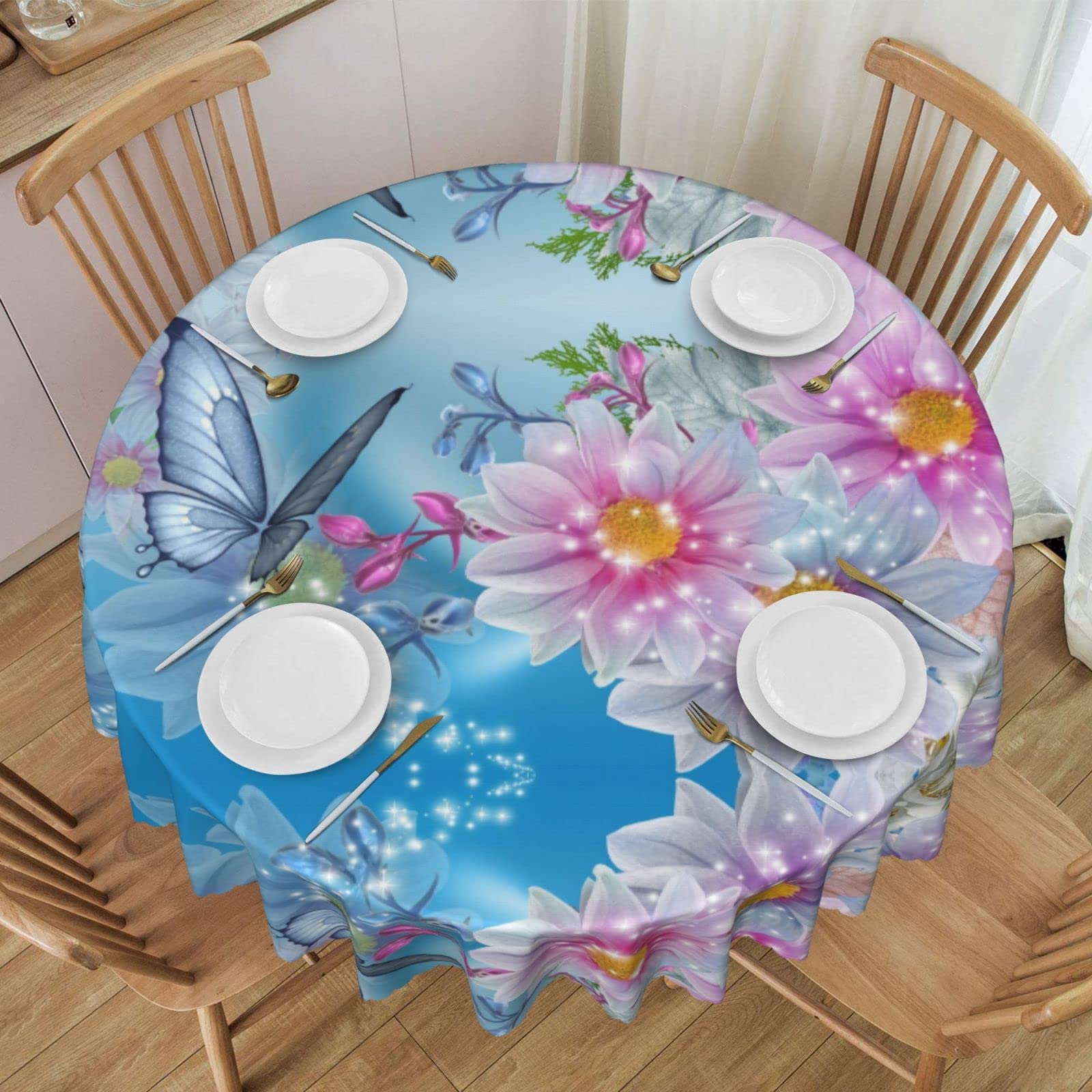 Nappe ronde 152 cm motifs fleurs et papillons pour votre cuisine