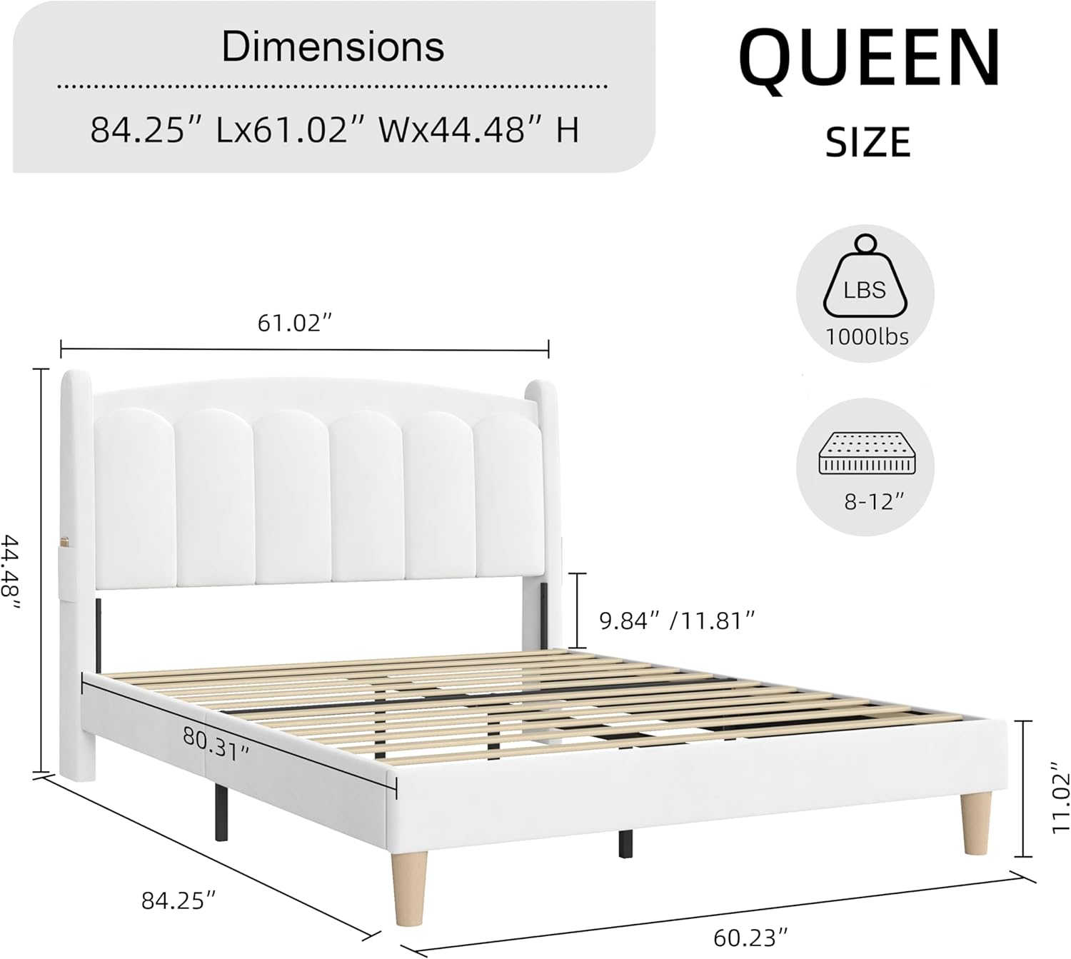 Queen Bed Frame with Headboard and LED/Velvet Upholstered Platform Bed Frame Queen Size with Adjustable Vertical Channel Tufted Headboard/Strong Wooden Slats/Box Spring Optional/Easy Assembly/White