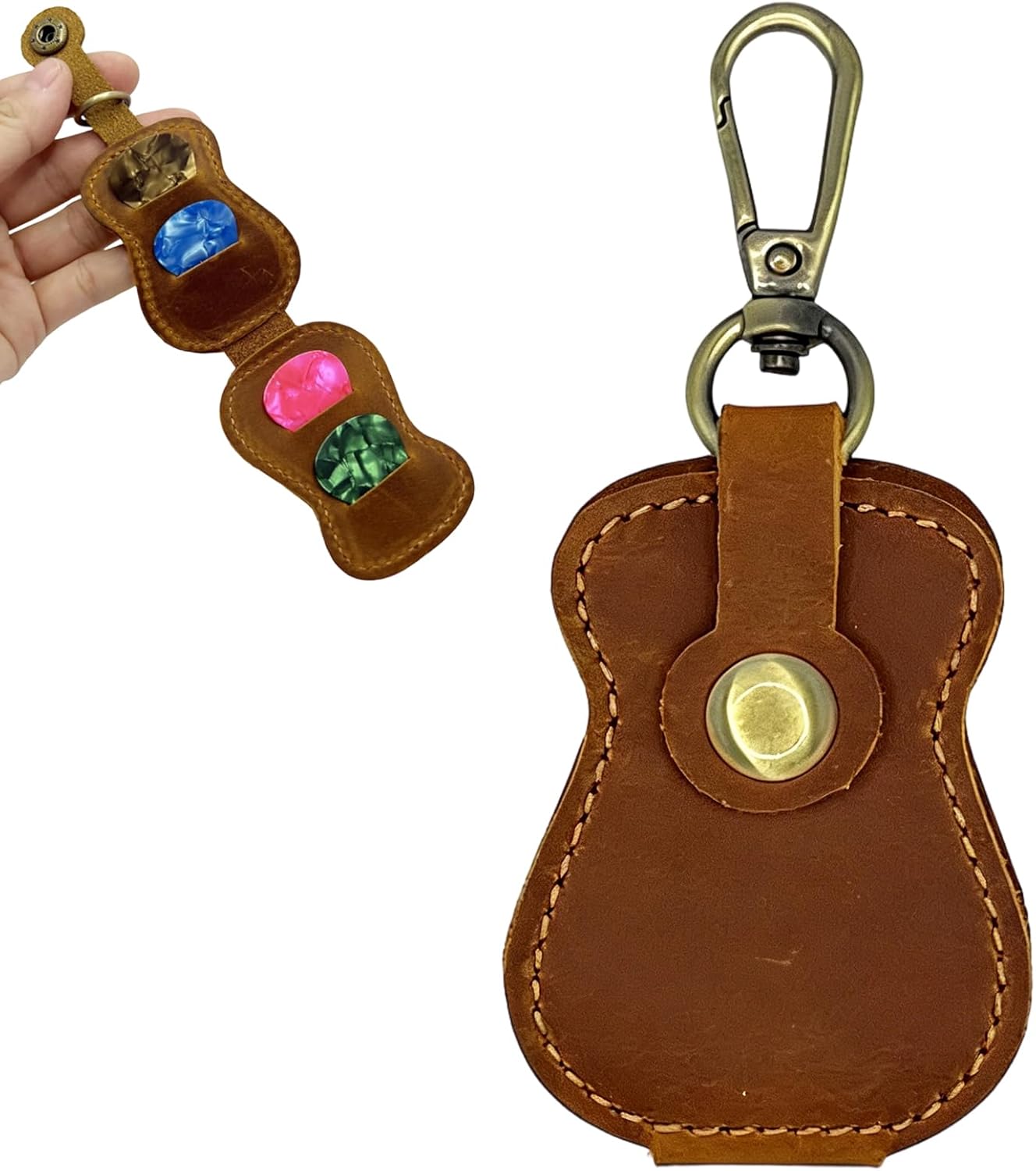 Guitar Pick Holder Keychain, PU Leather Guitar Pick Case with Metal Clip, Mini Picks Storage Pouch 1PCS Brown Portable Picks Organizer(Not Included Guitar Picks)