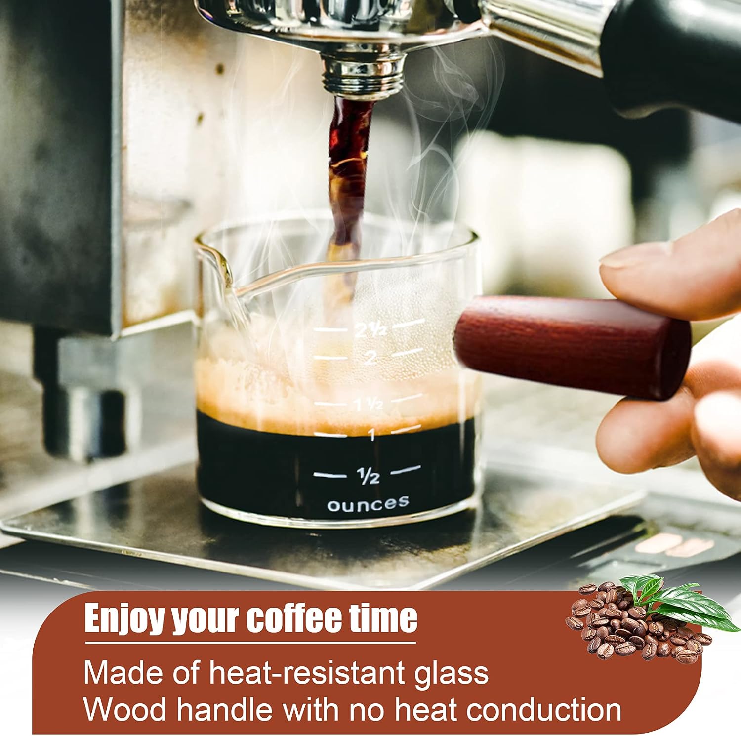 Double Spouts Measuring Cup with Wooden Handle Heat-Resistant Espresso Shot Glasses 3.5oz Mini Sauce Pitcher for Milk Coffee Tea Wine Cocktail: Home & Kitchen