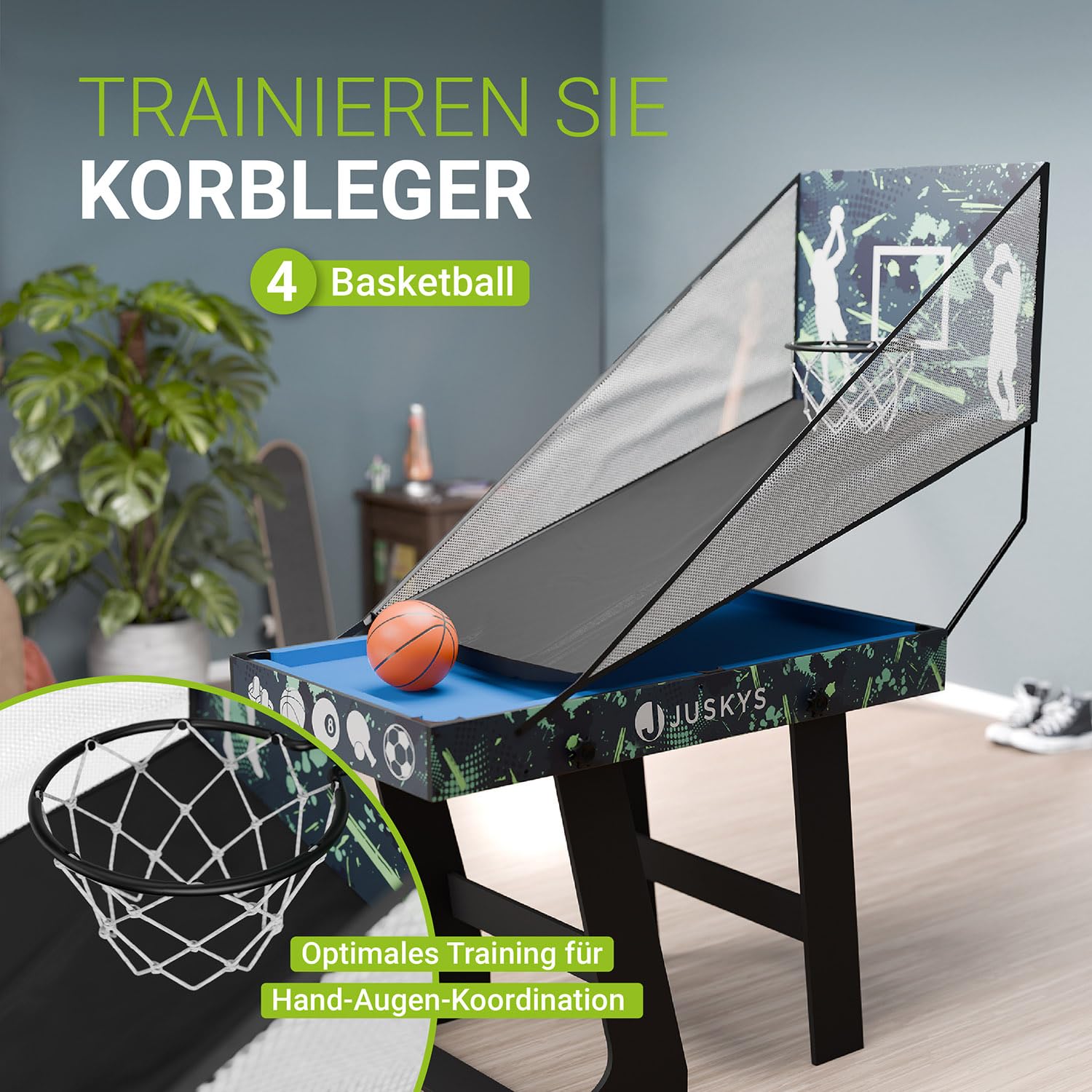 Juskys 5in1 Spieltisch Ballzauber - Multifunktionstisch klappbar mit Tischtennisplatte, Tischkicker, Billardtisch, Hockey & Basketball