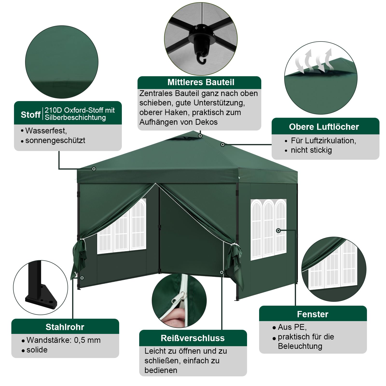 Laneetal Pavillon 3x3 m, Faltpavillon mit Seitenwänden, wasserfest stabil Winterfest, Outdoor Gartenpavillon, Partyzelt Gartenzelt, höhenverstellbar, UV Schutz, Metallrahmen,Grün