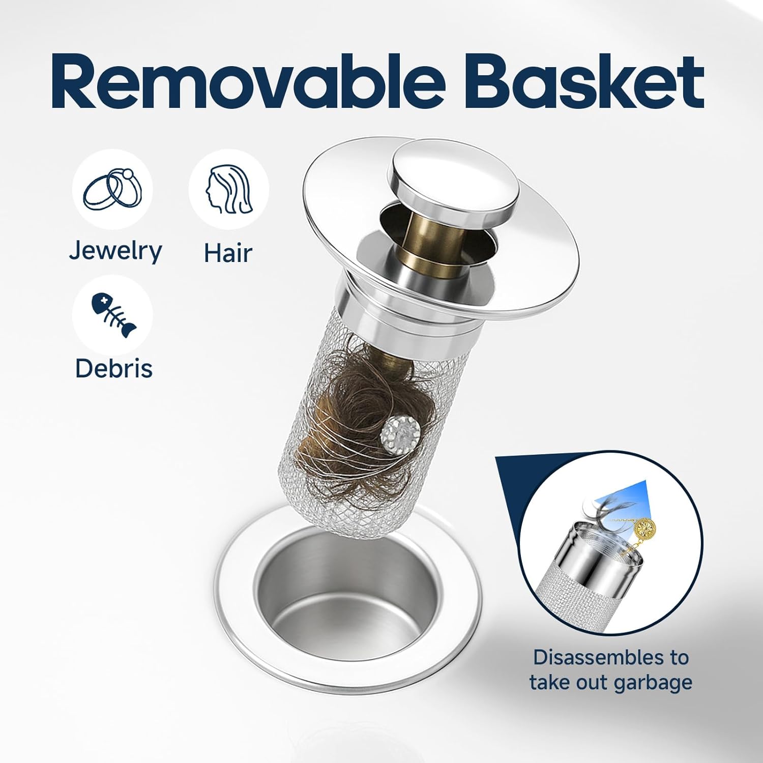 Pop Up Sink Drain Strainer, Bathroom Sink Drain Stopper with Removable Stainless Steel Drain Hair Catcher Basket, Universal Bathroom Sink Stopper Replacement, Drain Plug Filter (2PCS) - Image 5