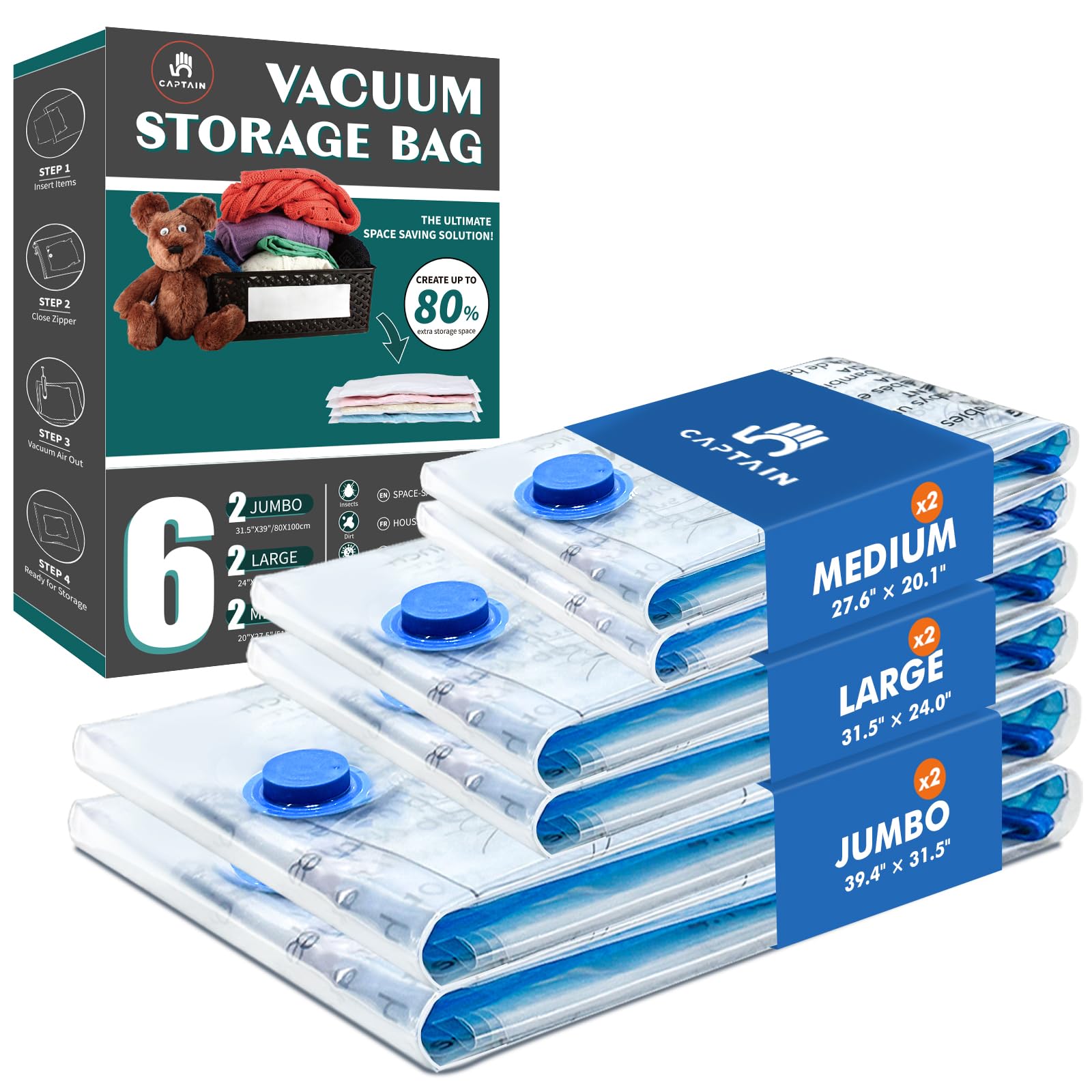 CaptainFive Vacuum Storage Bags 6 Pack (2 Jumbo 2 Large 2 Medium) Space Saver
