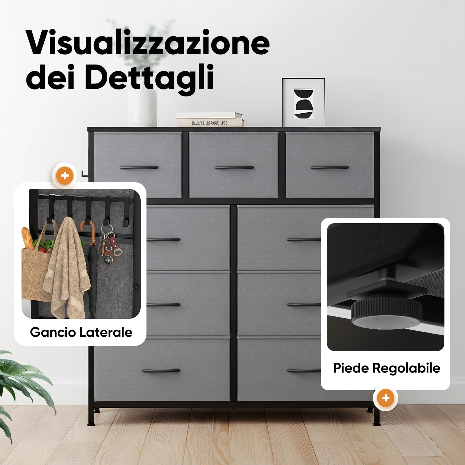 HOKEEPER Cassettiera in Tessuto con 9 Cassetti, Mobile Salvaspazio per Casa, Cassettiera Stretta e Alta con Capacità Grande per Camera da Letto, Sala, Corridoio - Grigio