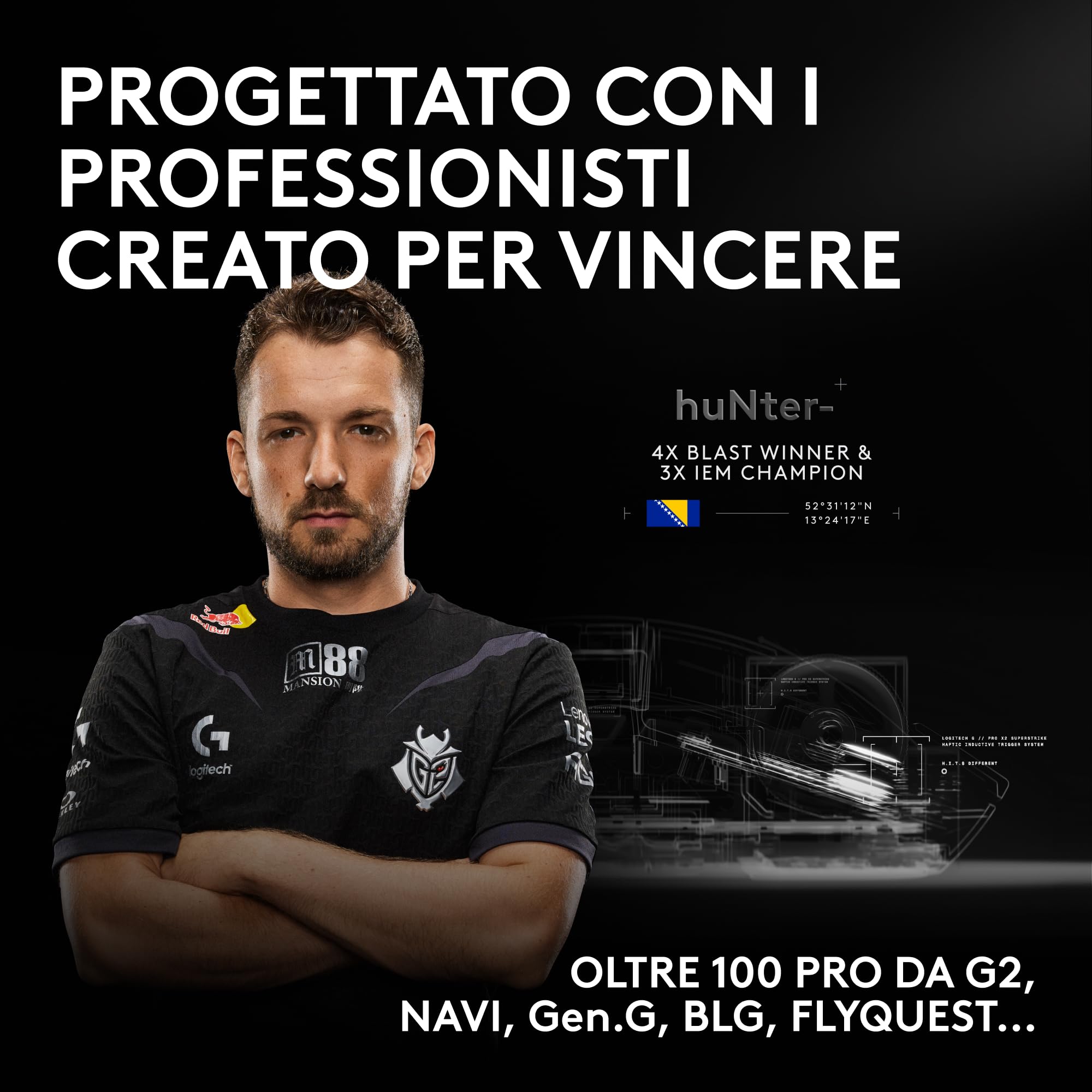 Logitech G PRO X2 SUPERSTRIKE LIGHTSPEED,mouse gaming wireless LIGHTSPEED, prestazioni veloci,leggero(61 g),feedback tattile del clic personalizzabile, ricarica USB-C,PC/Mac, German packaging - Bianco