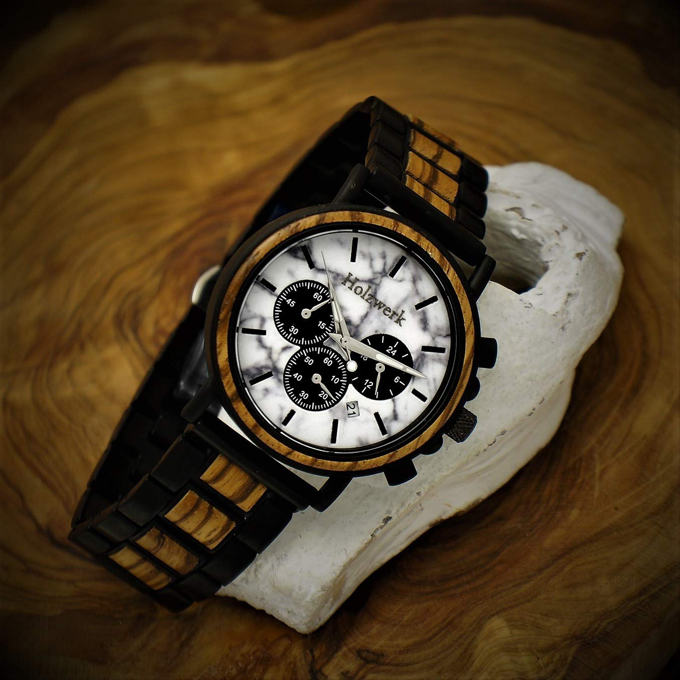 Holzwerk Germany Ręcznie wykonany designerski zegarek męski ekologiczny naturalny drewniany zegarek chronograf bransoletka zegarek analogowy zegarek kwarcowy brązowy biały czarny marmur kamień data