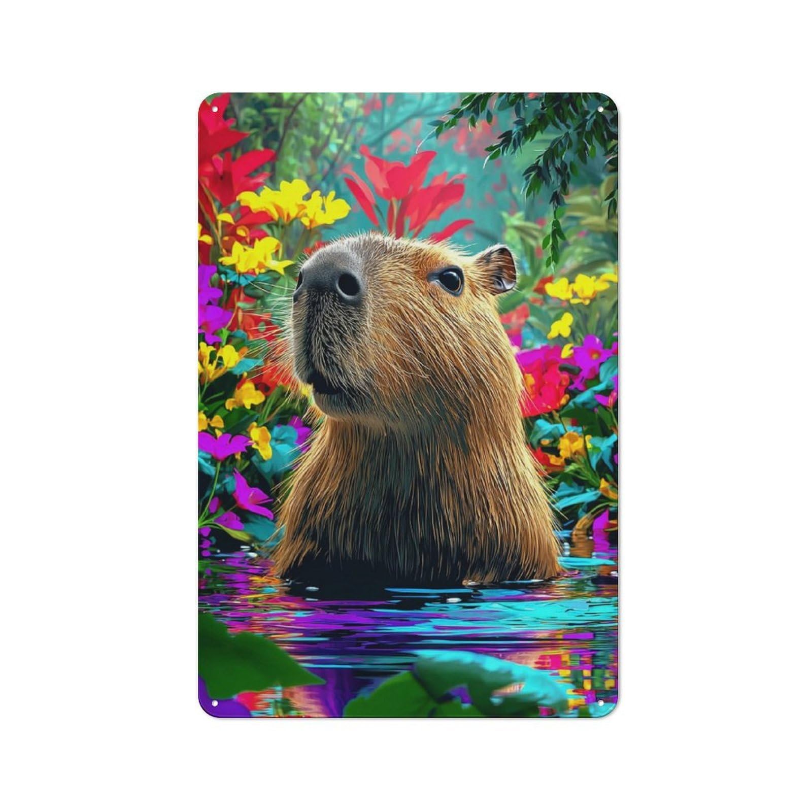 Junmoney Capybara In Colorful Flowers 30X20cm Retro-Style Tin Sign With For Garage Or Workshop, For Vintage Wall Decor Fans, For Metal Sign Collectors