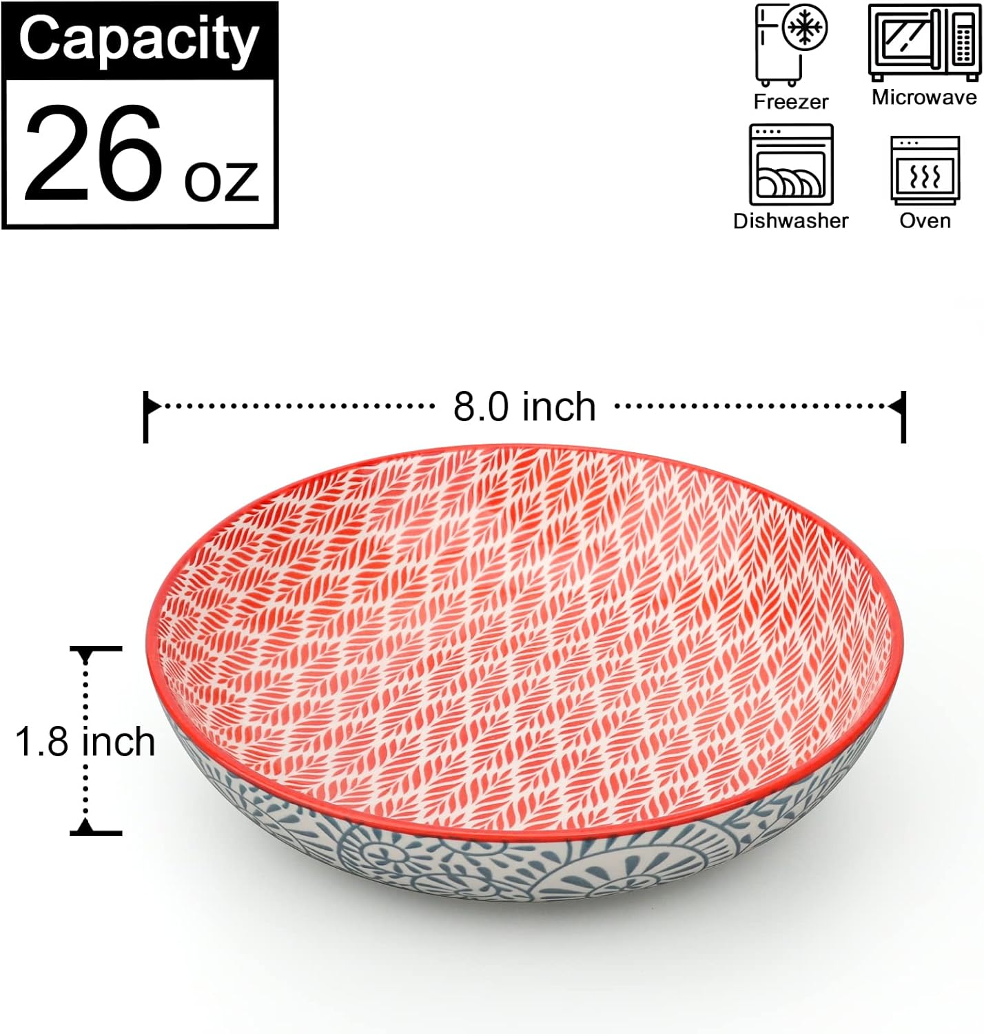 KitchenTour Pasta Bowls 26 Ounce, Porcelain Salad Bowls Serving Bowls Set of 6, 8 inch Ceramic Soup Bowls Dinner Bowls, Dishwasher and Microwave Safe, Assorted Colors