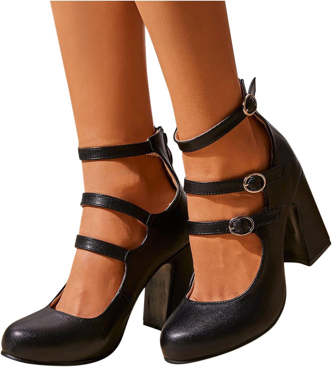 AniywnWomens Mary Jane Shoes,Womens Round Toe Chunky Block High Heel Mary Jane Pumps Sweet Ankle Strap Dress Pumps Shoes