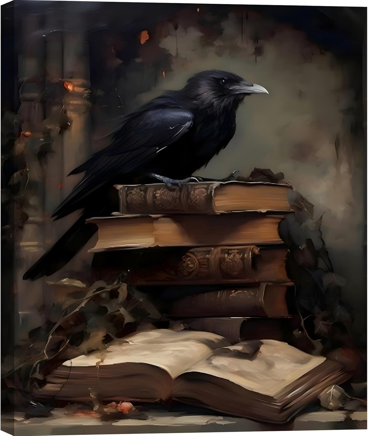 Gothic Raven Canvas Wall Art 20x30, Victorian Crow Pictures, Vintage Dark Academia Moody Books Poster, Framed Halloween Wall Decor for Bedroom, Living Room, Fireplace
