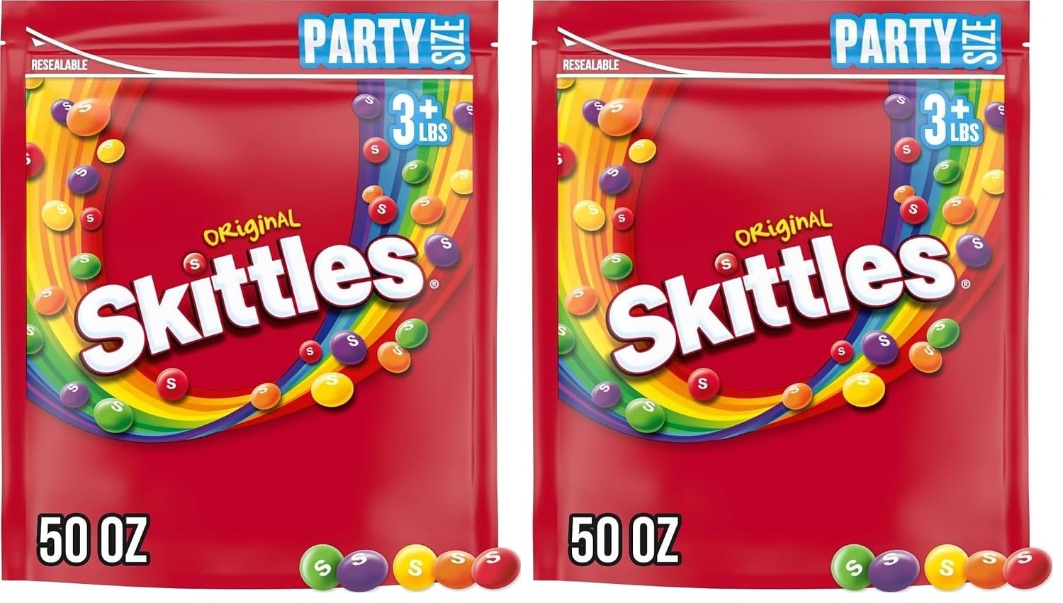 SKITTLES Original Chewy Candy Rainbow Colorful Bite Size Snacks for Celebrations, Parties, Holiday, Candy Dishes, Party Size, 50 oz Bag (Pack of 2)