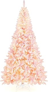 Goplus 7.5ft Pink Pre-Lit Christmas Tree, Hinged Artificial Snow Flocked...
