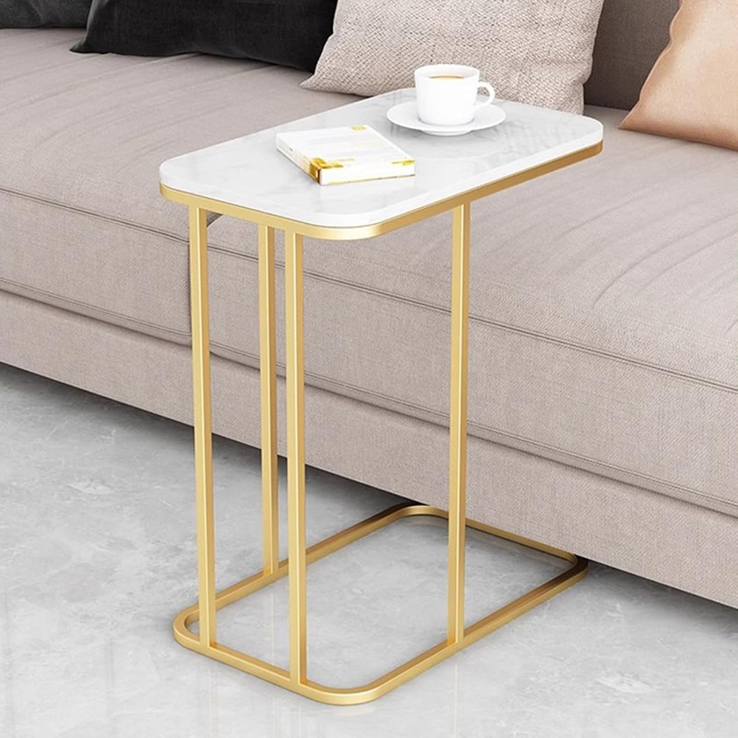 C Shaped Side Table, Modern Accent Coffee Table Compact Bedroom Bedside Tables Lamp Table with Metal Frame, MDF Table Top, for Bedroom, Living Room (Gold & White)