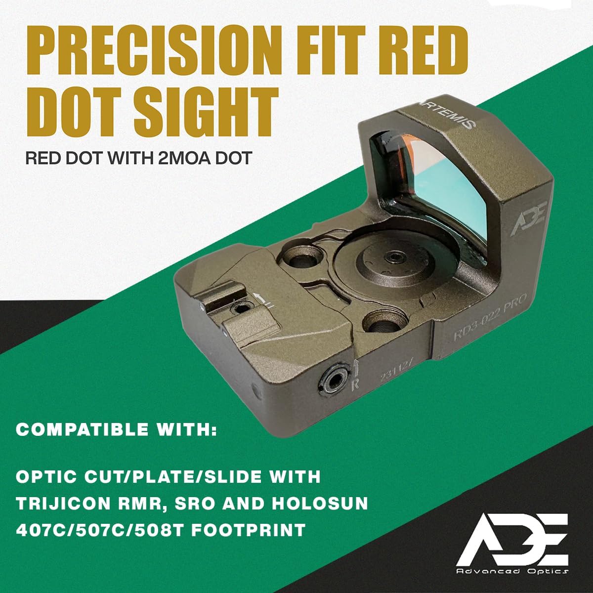 ADE Advanced Optics RD3-022 Artemis PRO – Motion Activated Red Dot Sight with Multi-6 Reticles – Fits Optics-Ready Slides Using RMR or 407C/507C Footprint – FDE Flat Dark Earth Body Color