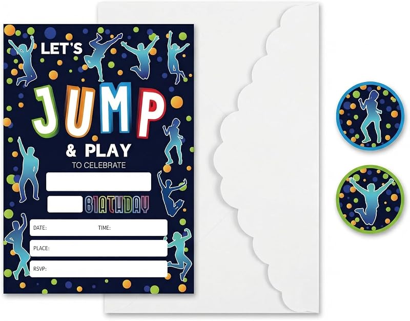 Trampoline Jump Birthday Party Invitations, Bounce House Birthday Invitations For Boys Girls Birthday Invites, Theme Birthday Party Decorations, 20 Invitations with 20 Envelopes