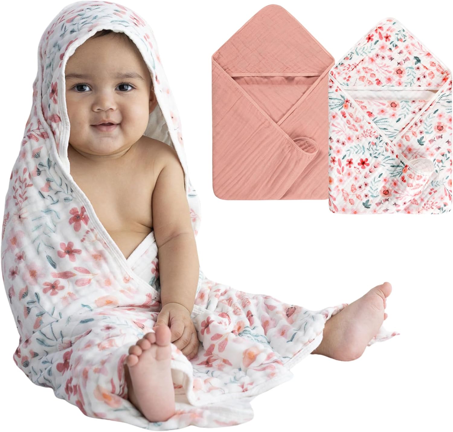 2 Pack Hooded Baby Towel Set Ultra Soft Absorbent Muslin Cotton Bath Towels 35x35 Inches for Newborns, Infants, Toddlers & Kids Ideal Baby Gift Registry Essential (Pink, 35" x 35" (90x90 cm))
