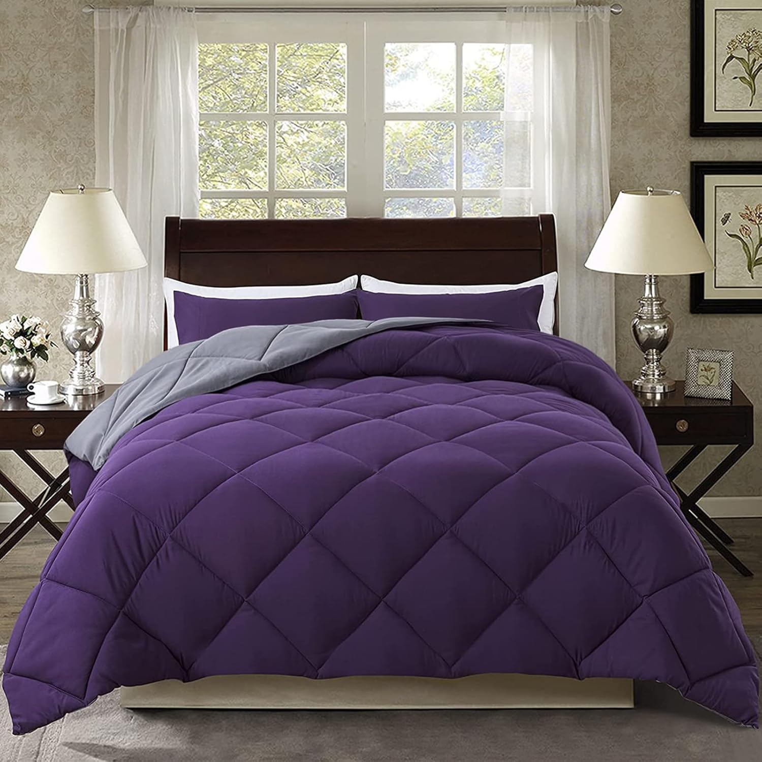 ELNIDO QUEEN® 3 Pieces Comforter Set (Queen, Purple & Grey) - 1 Reversible Down Alternative Comforter with 2 Pillow Shams - Soft Lightweight Duvet Insert | 88x92 inch Queen Purple & Grey