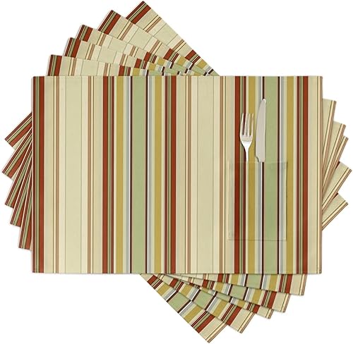 Brown Stripes Placemats Set of 6 for Dining Table, Woven Place Mats with Tableware Pocket, Taupe Brown Abstract Art Table Mats Indoor Outdoor