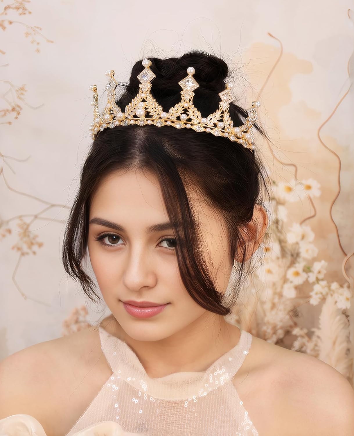 Baroque Pearl Crystal Tiara for Women Elegant Bridal Wedding Pearl Rhinestone Crown Queen Princess Costume Crown Crystal Headpiece Accessory for Cosplay Birthday Party - Image 2