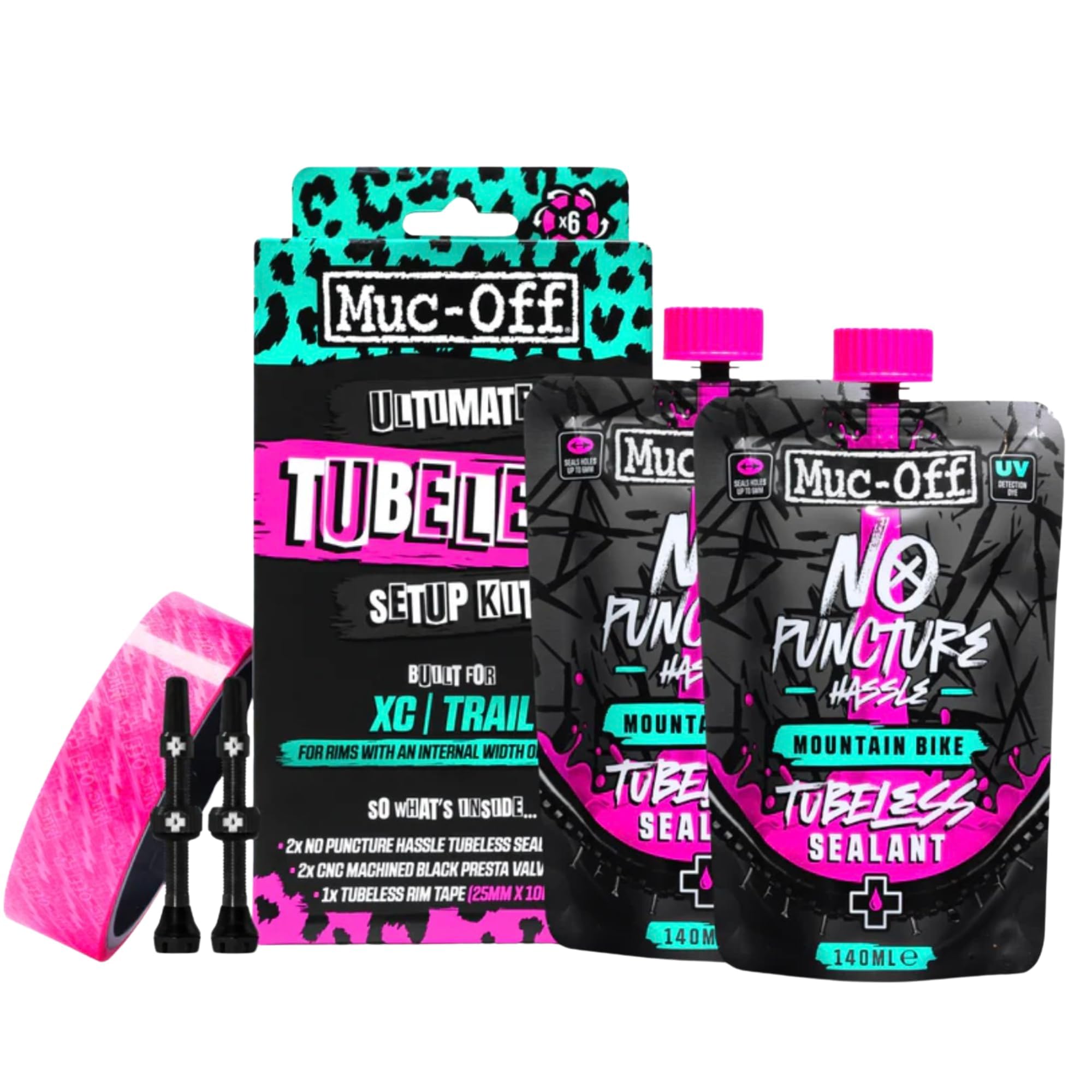 Muc Off Ultimate Tubeless Setup Kit - Complete Tubeless Conversion Kit with Sealant, Rim Tape, Valves, and Patches - Fits MTB, Road, Gravel & CX Wheels - XC/Trail (25mm Tape / 44mm Valves)