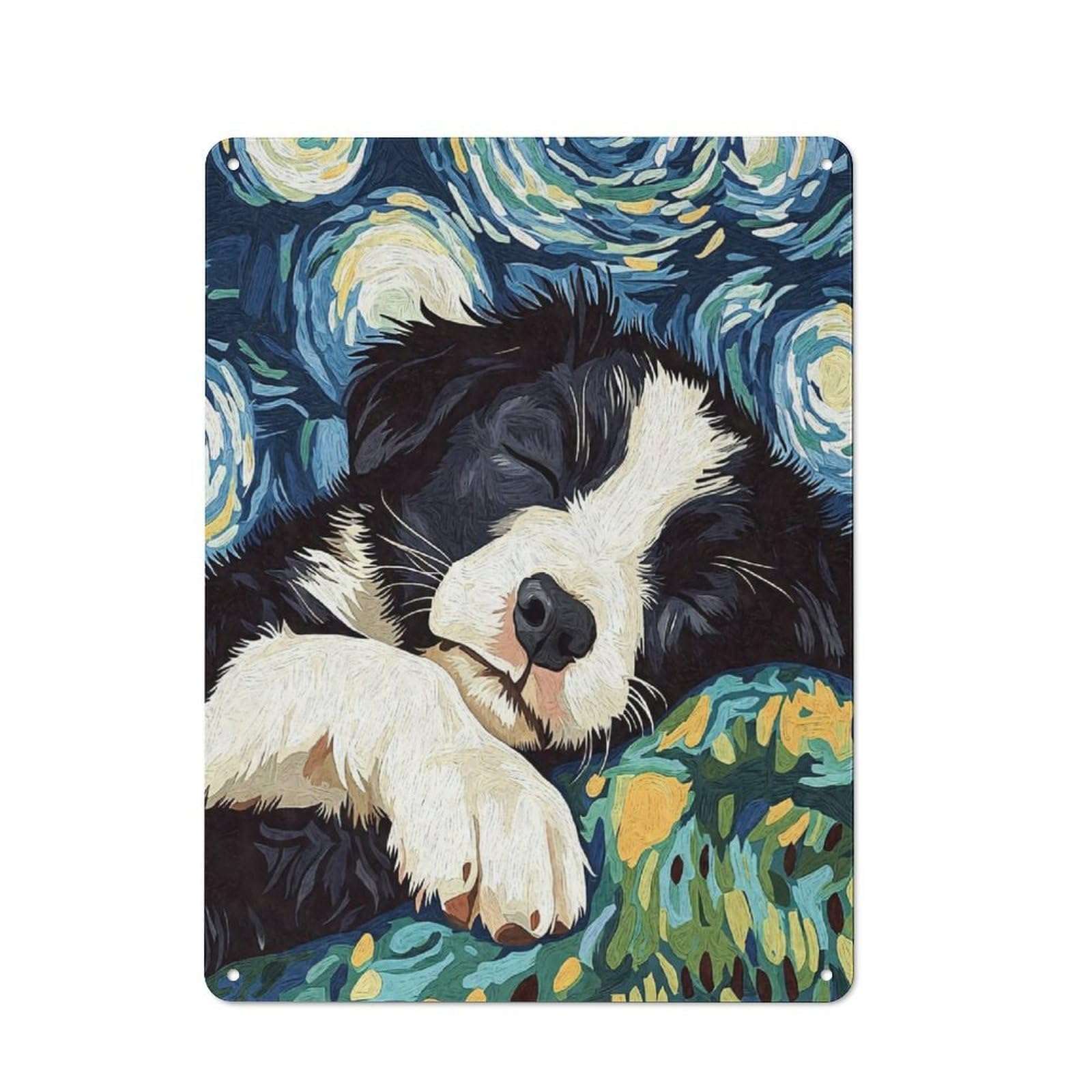 Decorative Metal Plaque with Sleeping Border Collie Starry Night Design 40x30cm, Casual Utility Space Decor for Patio Bar, Workshop, Shed Or Kitchen