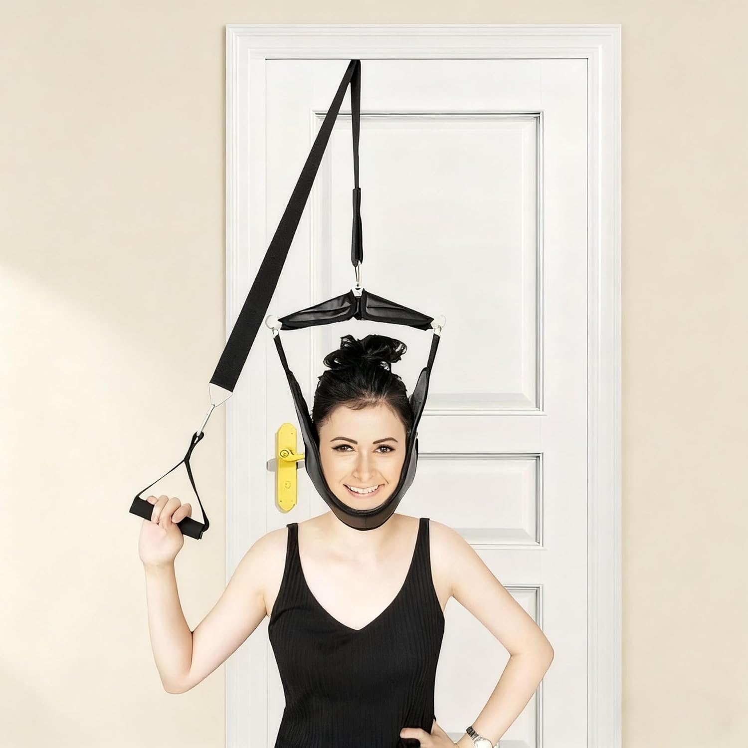 Household Neck Traction Device, Door Neck Stretcher for Relieving Neck Pain, Adjustable Head Hammock with Straps, Black