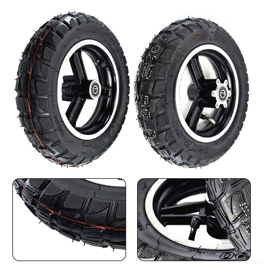 Ruote senza camera d'aria per scooter elettrico da 10 x 2,50 con cerchi in lega di alluminio e battistrada in gomma ad alta aderenza per assi di diametro interno da 10 mm e 12 mm, opzioni freno o