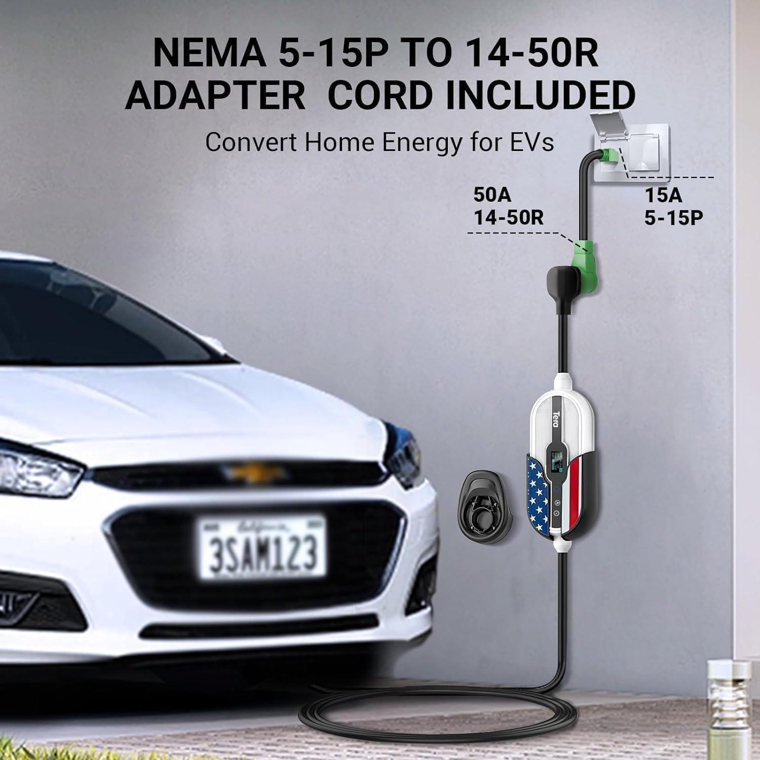 Tera Electric Vehicle Charger for Tesla: Level 1 & 2 J1772 EV Portable 32A 8A 110V 240V Wall Connector Dual Use ETL NEMA 14-50 & 5-15 Wi-Fi Enabled 25FT Cable with Holder P01