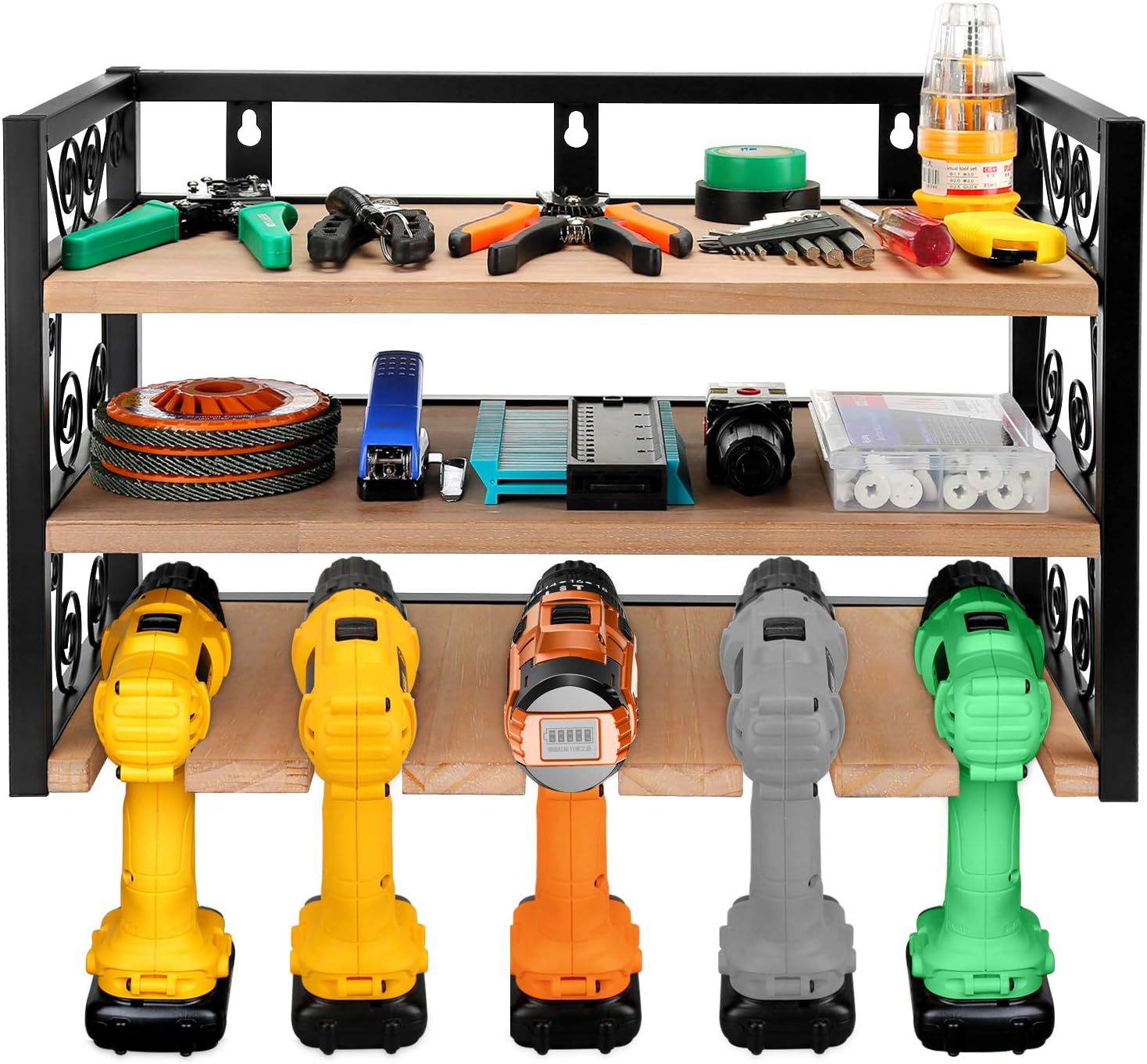 Power Tool Storage and Tool Organizer, Drill Charging Station Five Drill Hanging Slots, Garage Storage Cabinets Wall Mount Metal Rack & Wooden Board