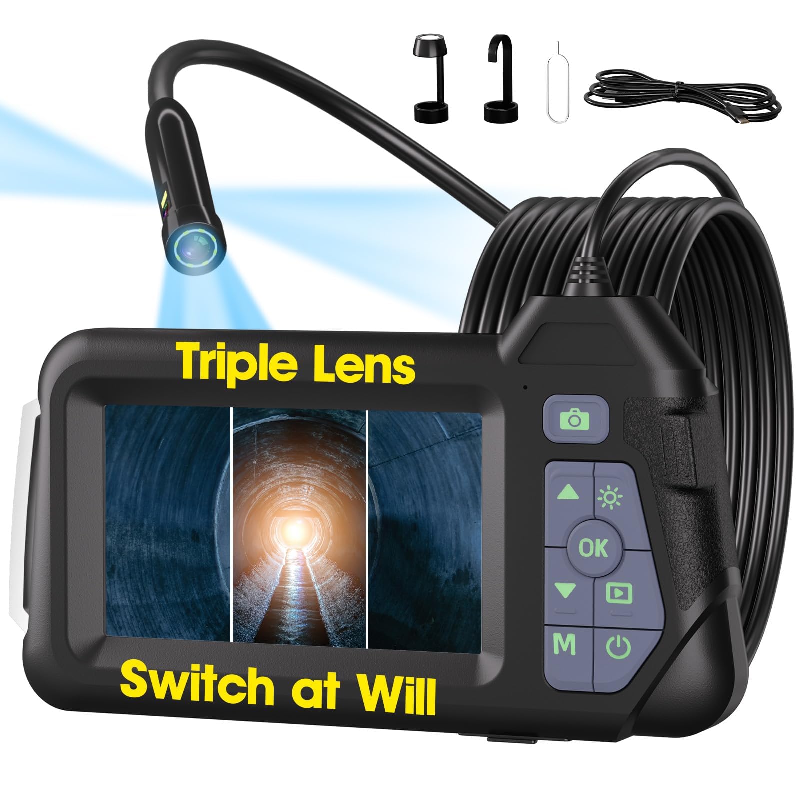 Endoscope Camera with Light,Triple Lens 1080P HD Borescope,16.4ft/5M Cable,2MP IP67 Waterproof Inspection Camera,2600mAh Battery,8GB Storage (M60-