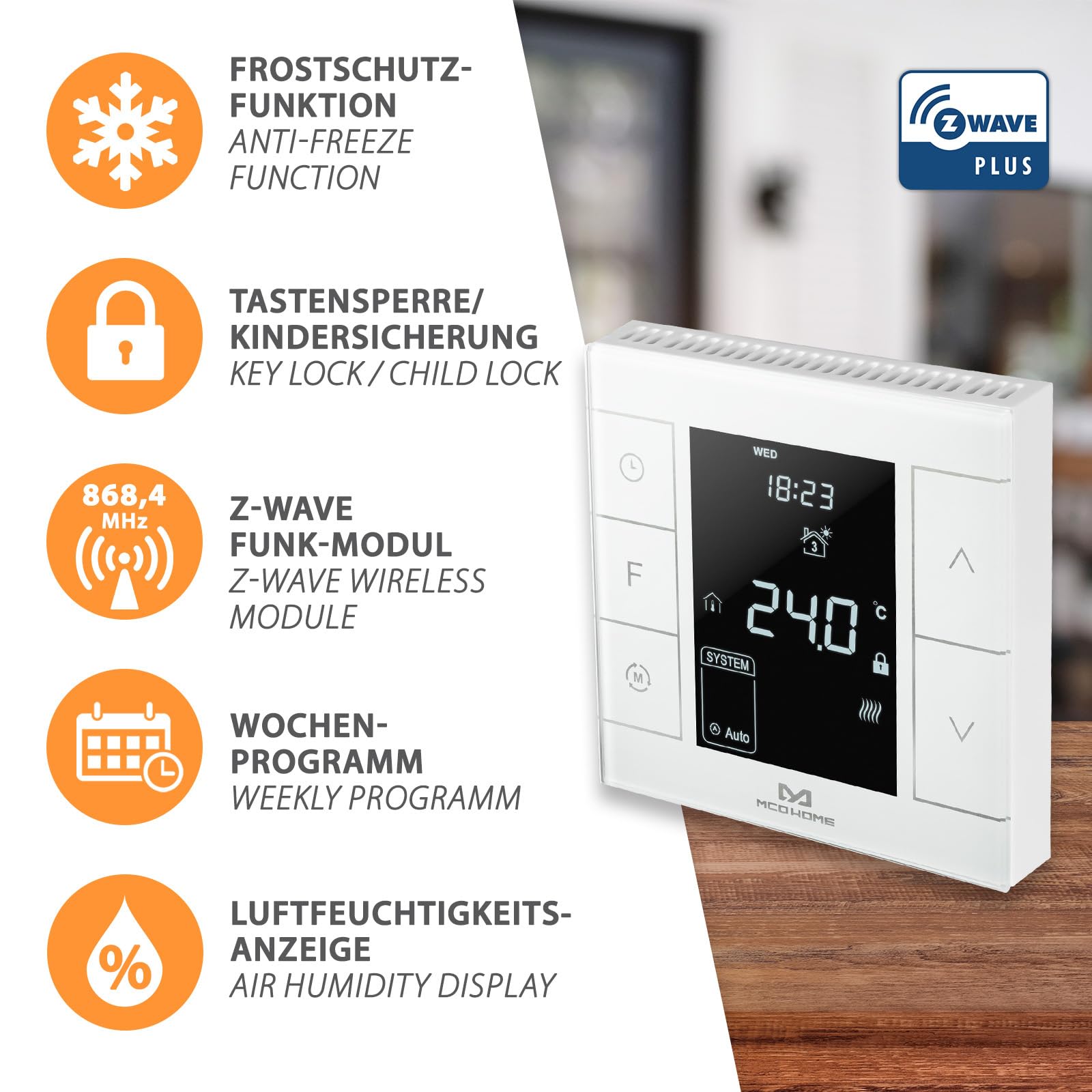 MCO Home Z-Wave Raumthermostat MH7H-EH für Fußbodenheizung & Infrarot-Heizung/Z-Wave Smarthome kompatibel weiß