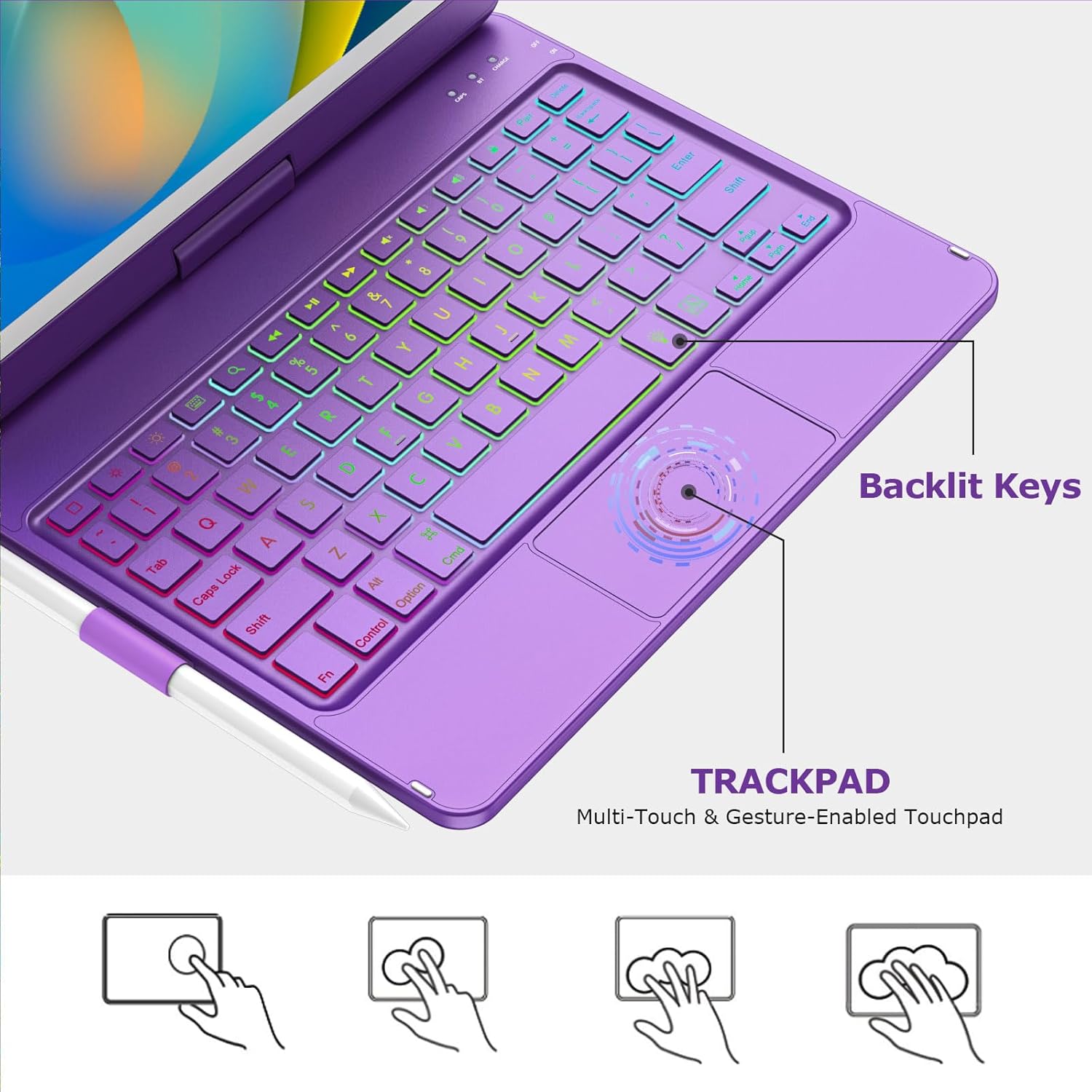 CC Store Touchpad Keyboard Case for iPad 9th Generation 10.2",for iPad 9th/8th/7th Generation Case with Keyboard,Multi-Touch &Backlit Keys,360° Rotatable &Pencil Holder,iPad 9th Gen（Purple） - Image 4
