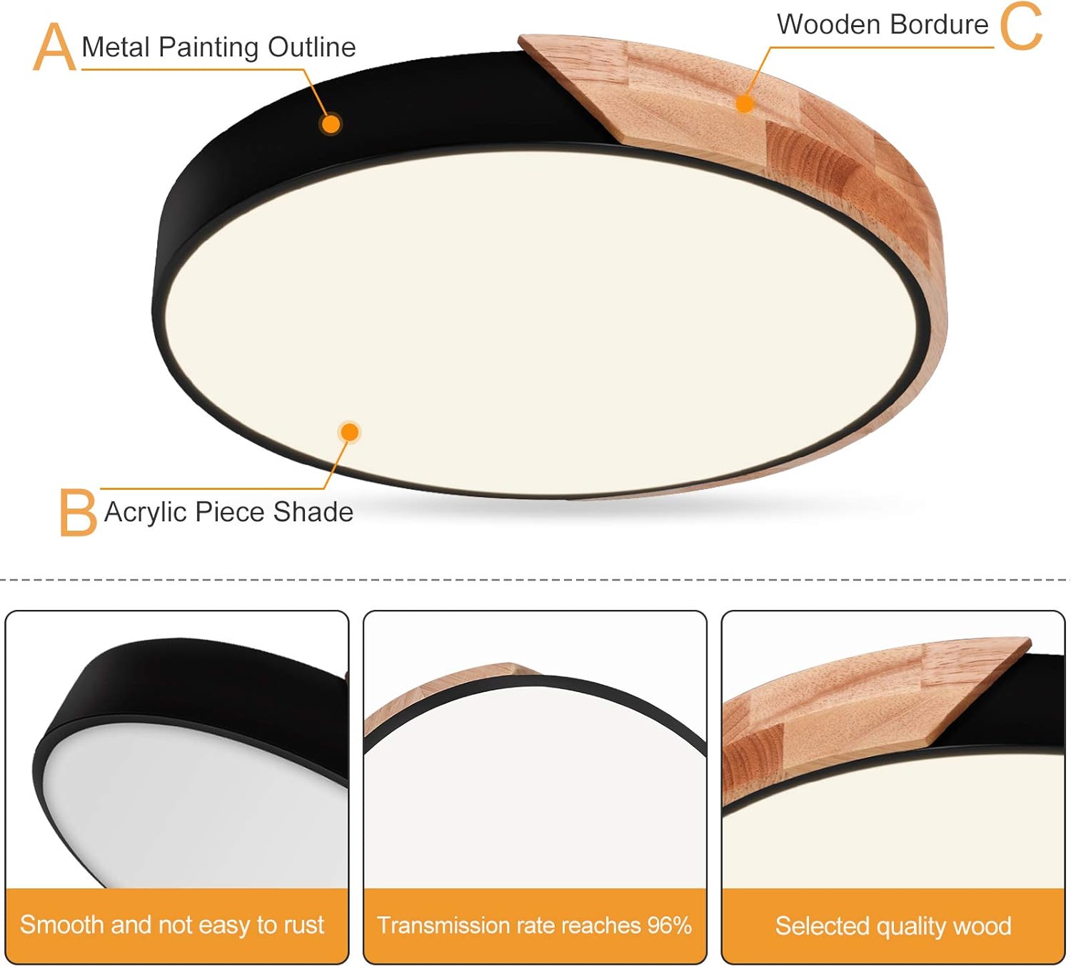 EDISLIVE Ceiling Light Dimmable 19 inch Modern Minimalist LED Round Shaped Wood & Metal & Acrylic Flush Mount Ceiling Light with Remote Control Black