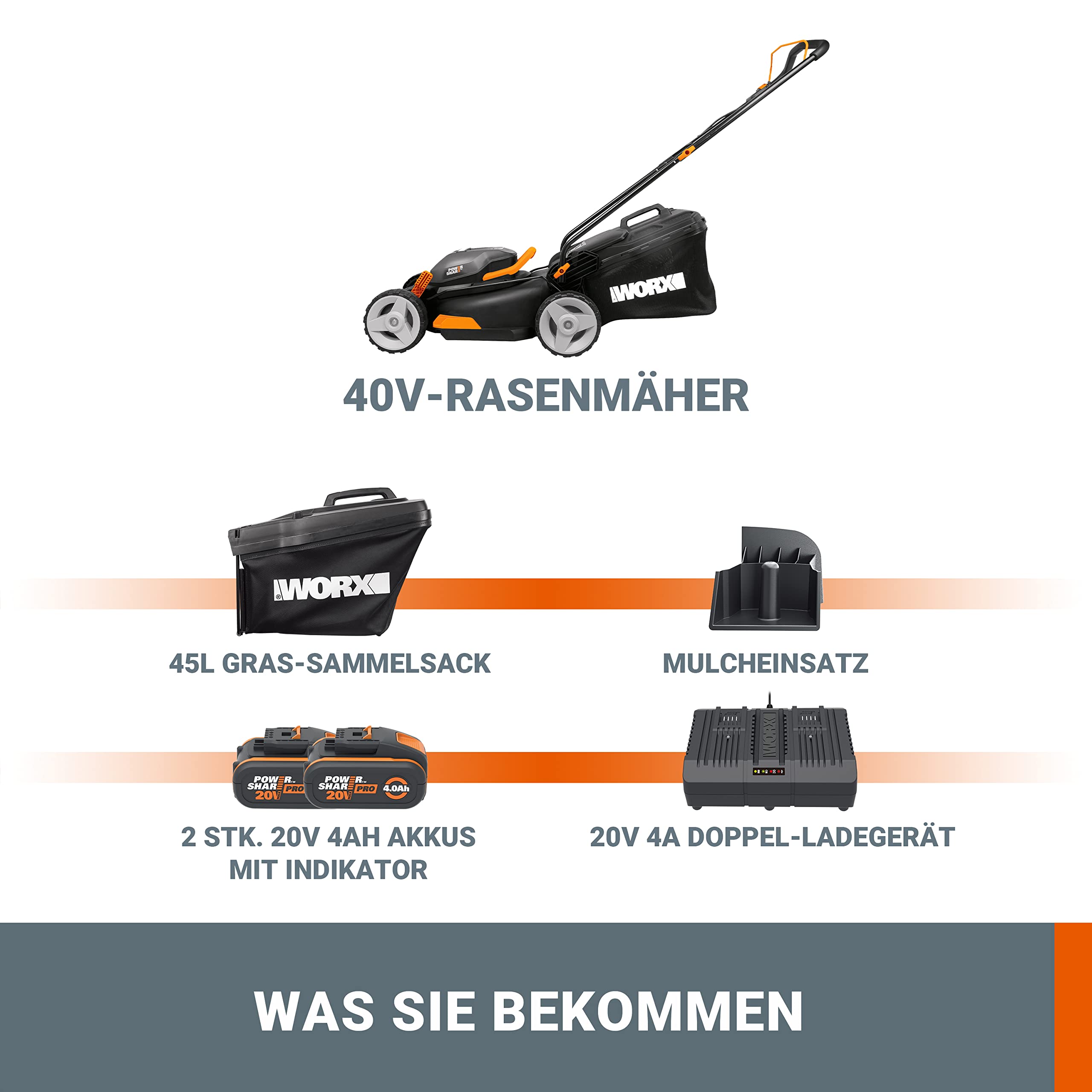 WORX - Tondeuse à Gazon sans Fil 2 * 20V - 2Ah - Tondeuse à Gazon Réglable - Coupe jusqu'aux Bordure & Lot de 2 Bobines de Fil - Coupe de 3m - Compatible avec Les Débroussailleuses
