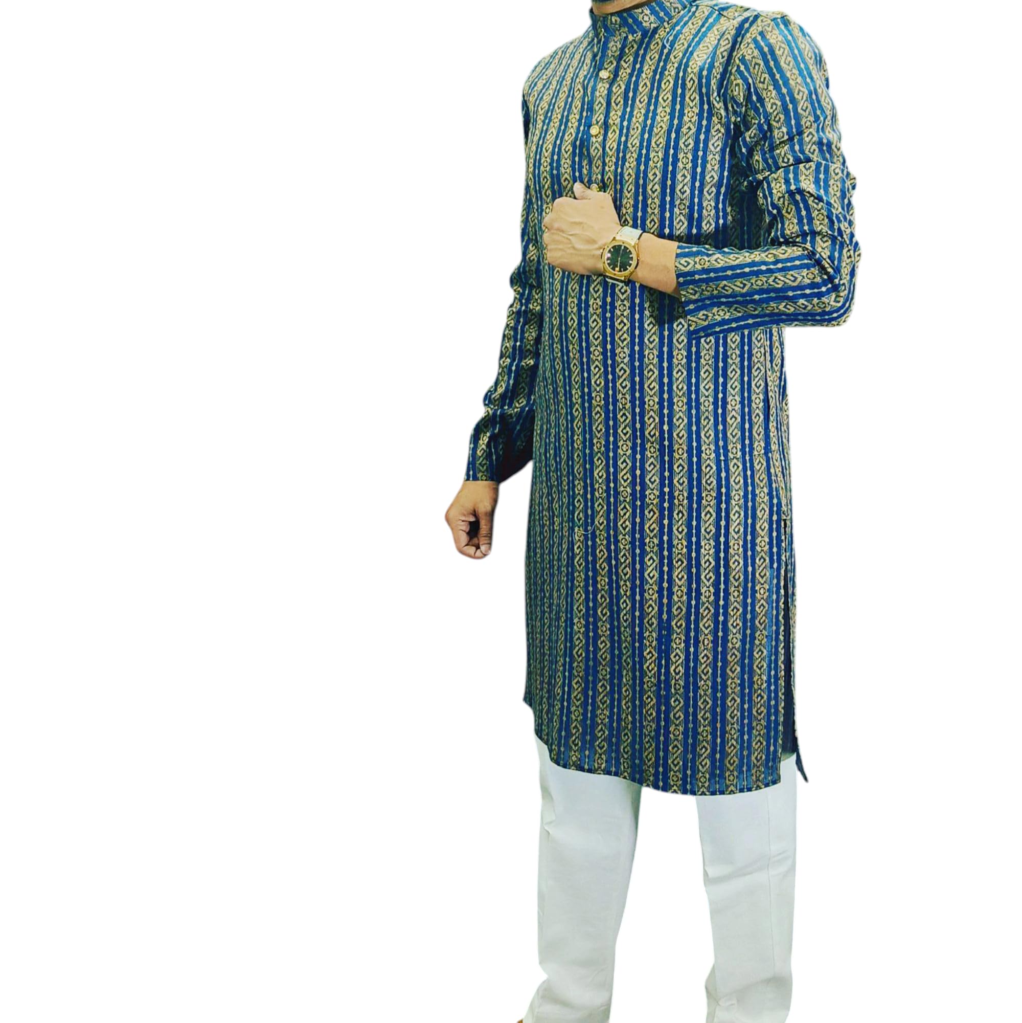 Libas Men's Cotton Kurta, Mandarin Collar, Geometric Booti Pattern, Blue and Golden, Regular Fit, Traditional Length in blue