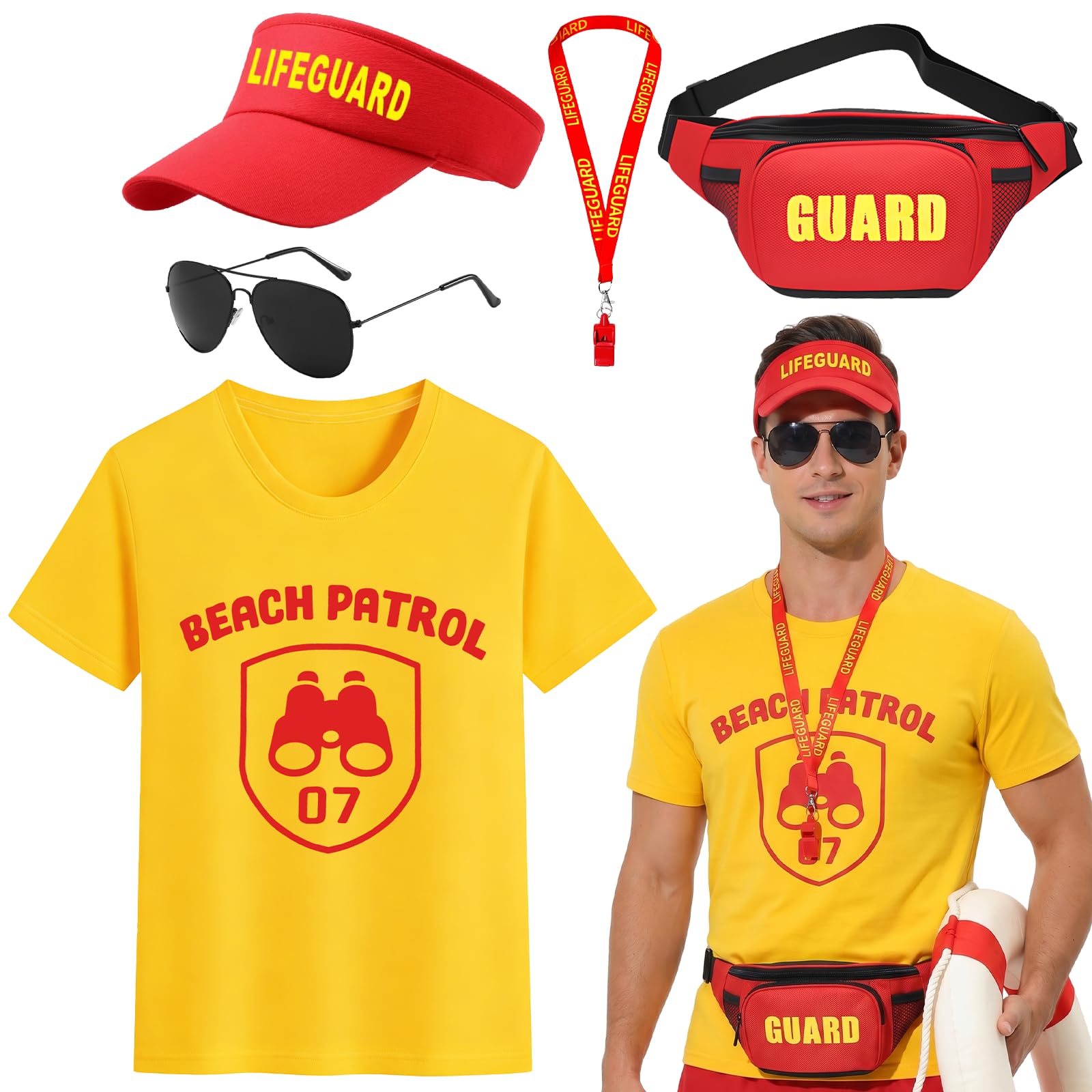 Lrrtdepy Lifeguard Costume Set for Adults,5Pcs Life Guard Accessories with T-Shirt Red Sun Visor Whistle Sunglasses Fanny Pack Baywatch Fancy Dress for Beach Pool Party Halloween Cosplay Party