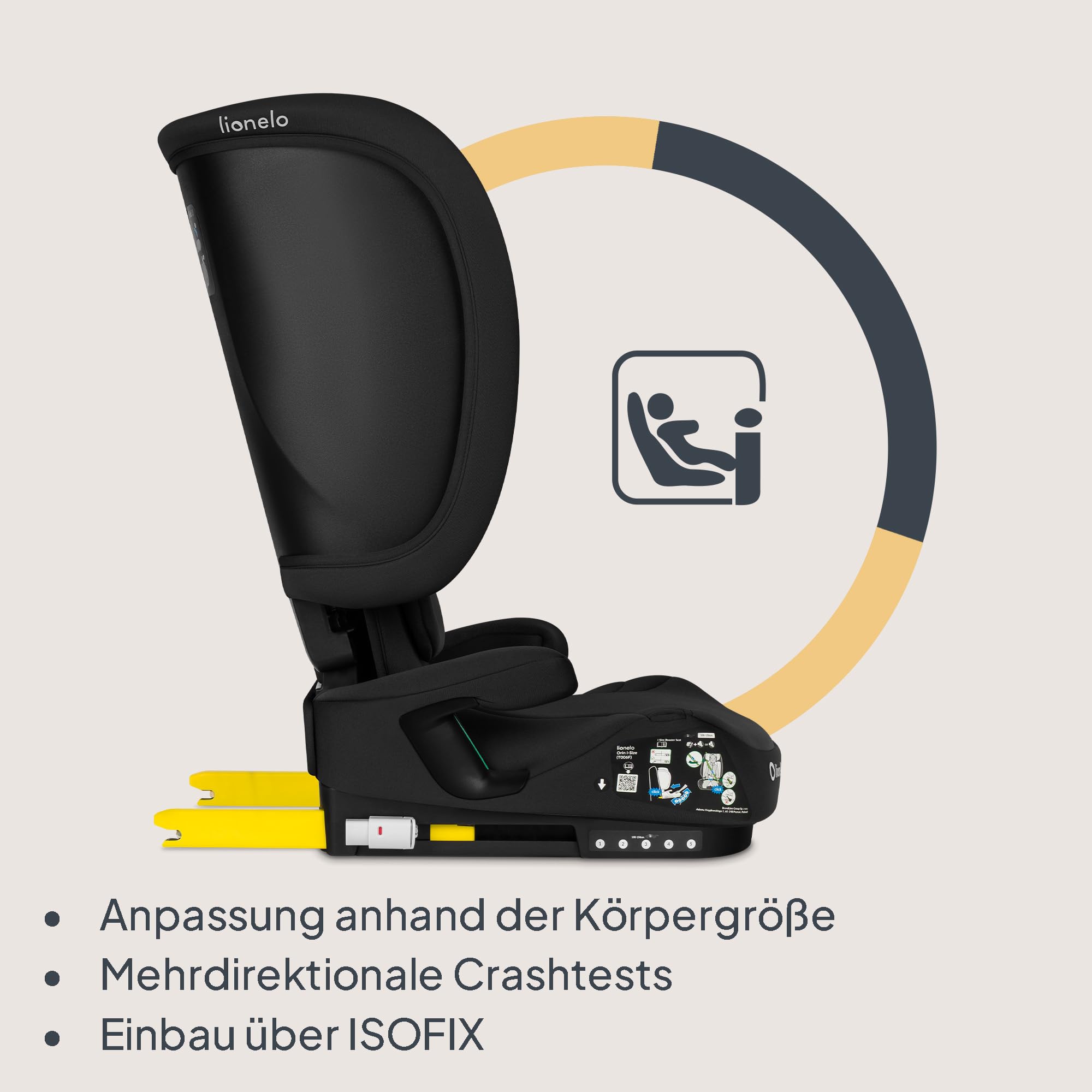 Lionelo Orin i-Size R129 Kindersitz 100–150 cm Faltbarer Reise-Kindersitz ISOFIX