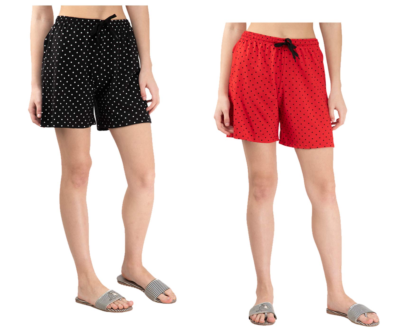 kayu Pack of 2 Women’s Polka Dot Printed Shorts with Drawstring Waist – Comfortable Casual Lounge Wear, Breathable Fabric, Stylish Summer Sleepwear Shorts for Women Red, Black-picture-41