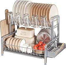 2 Tier Dish Drying Rack, Dish Drainer with Drip Tray, Stainless Steel Dish Rack with Utensil Holder, Cutting Board Holder and Cup Rack, Draining Rack for Kitchen Counter, Grey