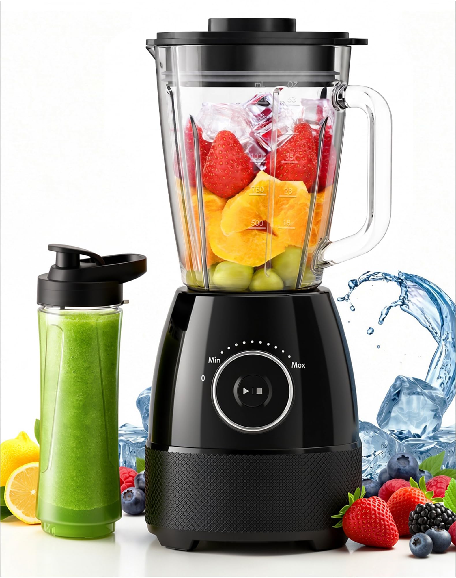 Frullatore, 1500W Elettrico Frullatore Smoothie con Caraffa in Vetro da 1,5L e Bottiglie Portatili 600ml, Velocità Regolabile, Lama in Acciaio Inox per Gelato, Frutta, Verdura